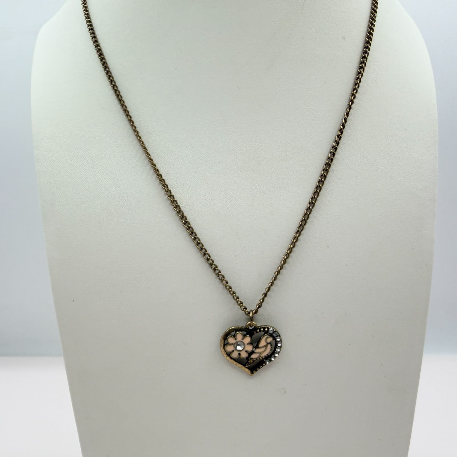 Vintage Bronze Tone Heart Pendant Necklace Pink Enamel Bird Flower Rhinestone - Thumbnail 4