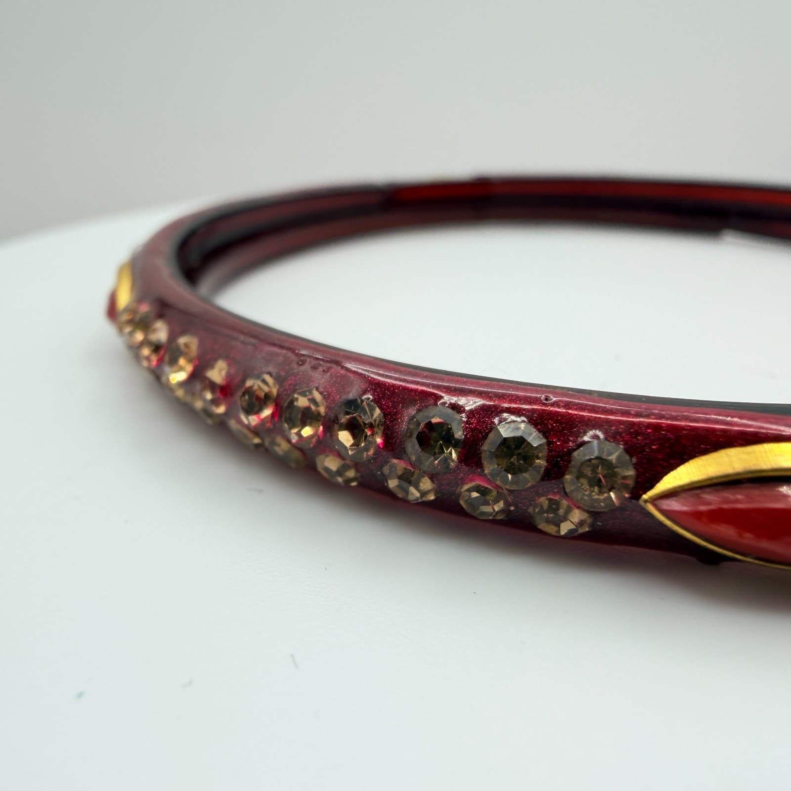 Vintage Dark Red Bangle Bracelet Rhinestone Accents Slim Stackable Retro Boho - Thumbnail 6