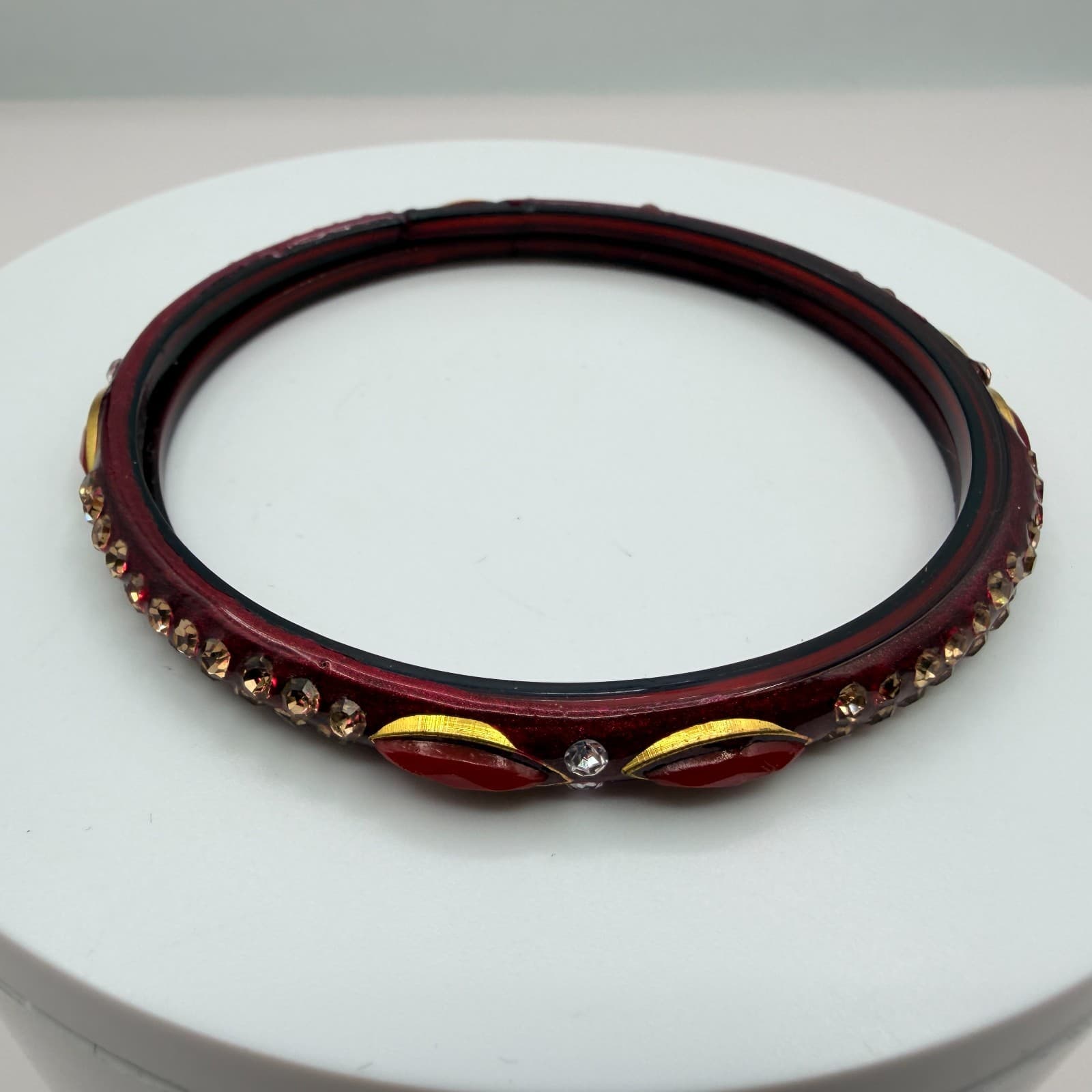 Vintage Dark Red Bangle Bracelet Rhinestone Accents Slim Stackable Retro Boho - Thumbnail 3