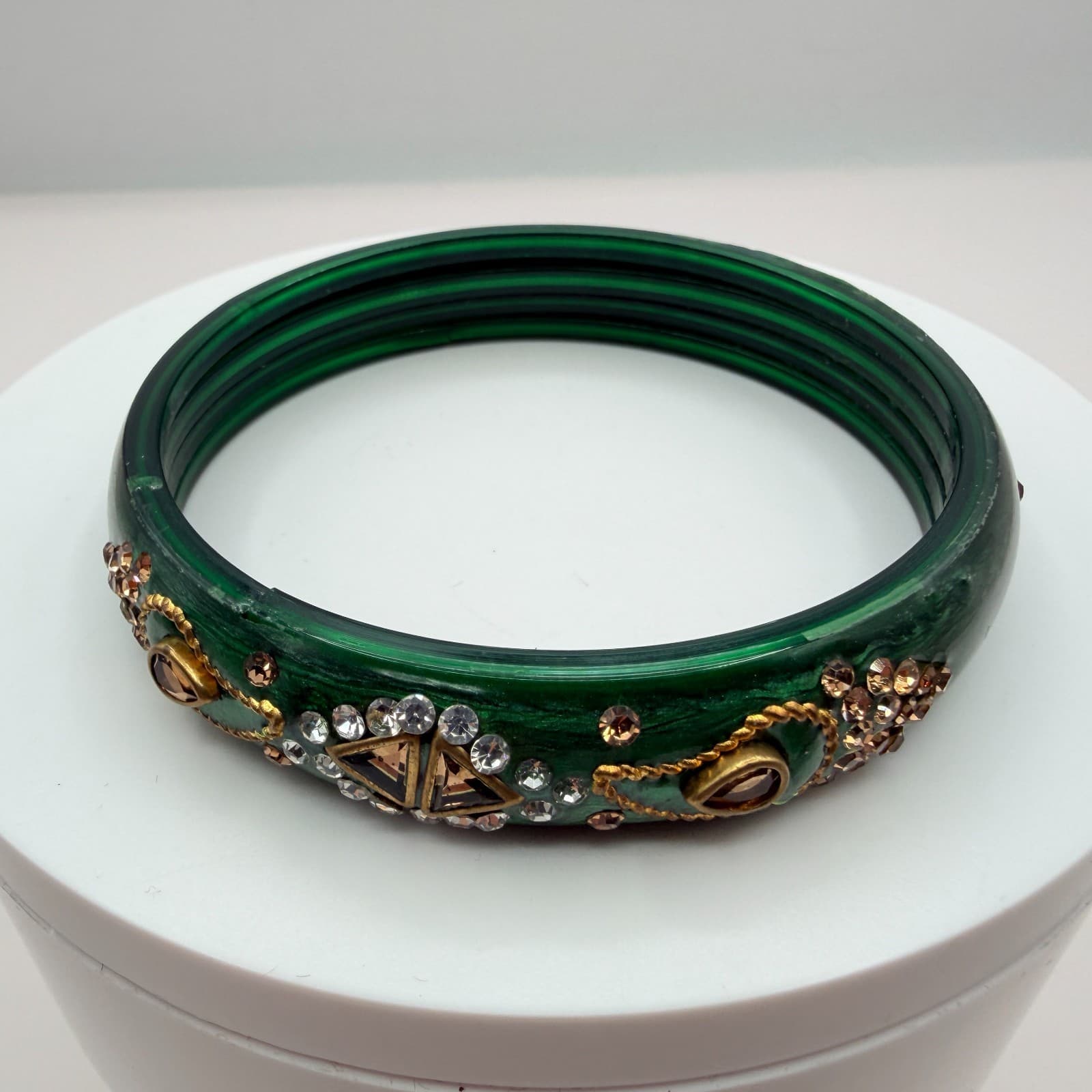 Vintage Green Bangle Bracelet Rhinestone Accents Chunky Statement Retro Boho 90s - Thumbnail 2