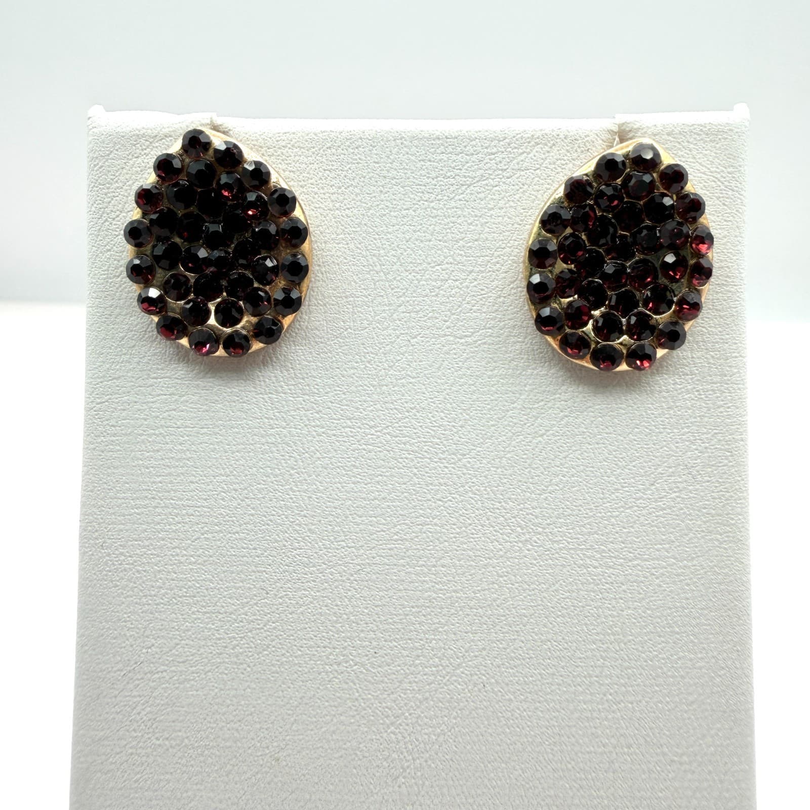 Vintage Gold Tone Red Rhinestone Cluster Stud Earrings Teardrop Pear Pave Retro