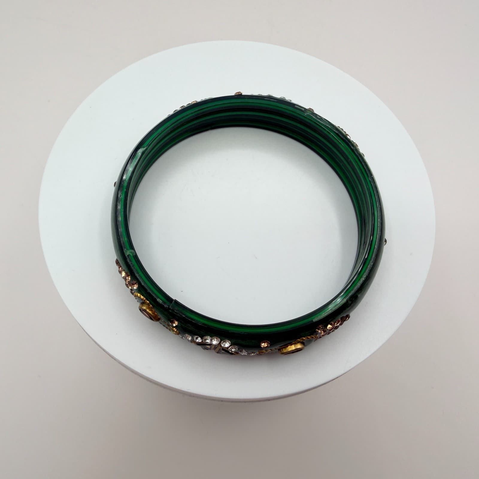 Vintage Green Bangle Bracelet Rhinestone Accents Chunky Statement Retro Boho 90s - Thumbnail 8
