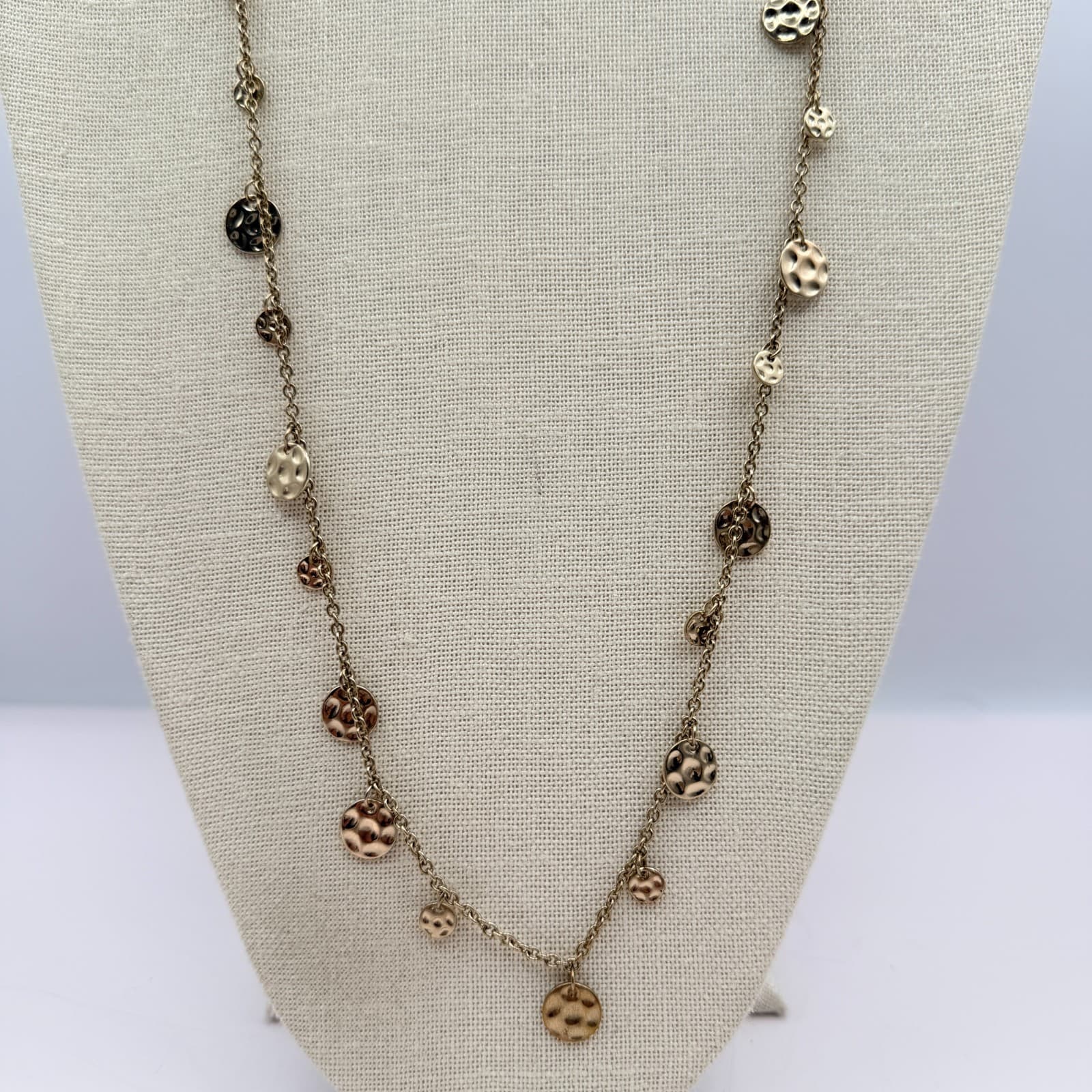 Vintage Gold Tone Long Chain Necklace Multi Textured Disc Stations Minimalist - Thumbnail 3