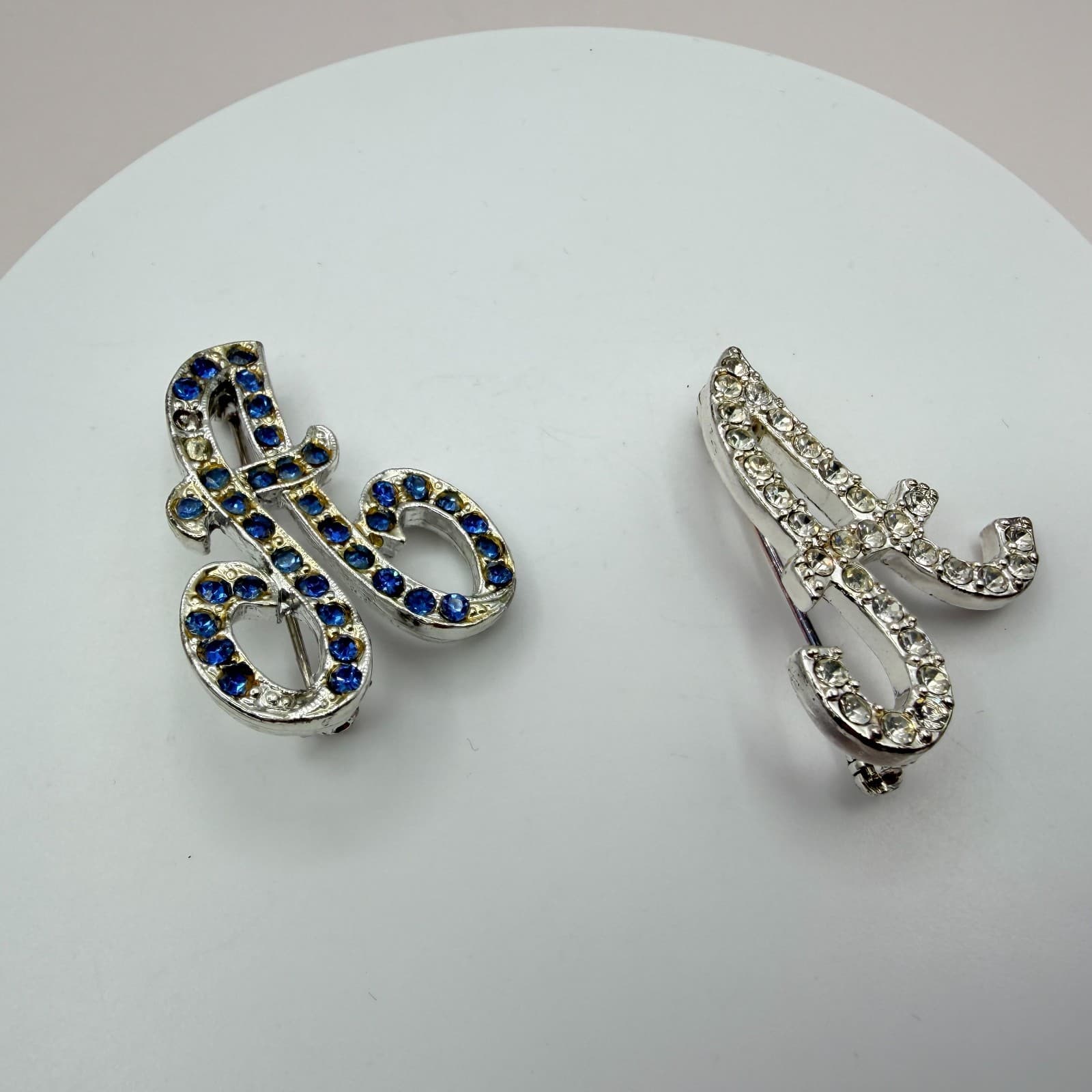 Vintage Silver Tone Initial Letter A Brooch Pin Set Rhinestone Monogram Cursive - Thumbnail 3