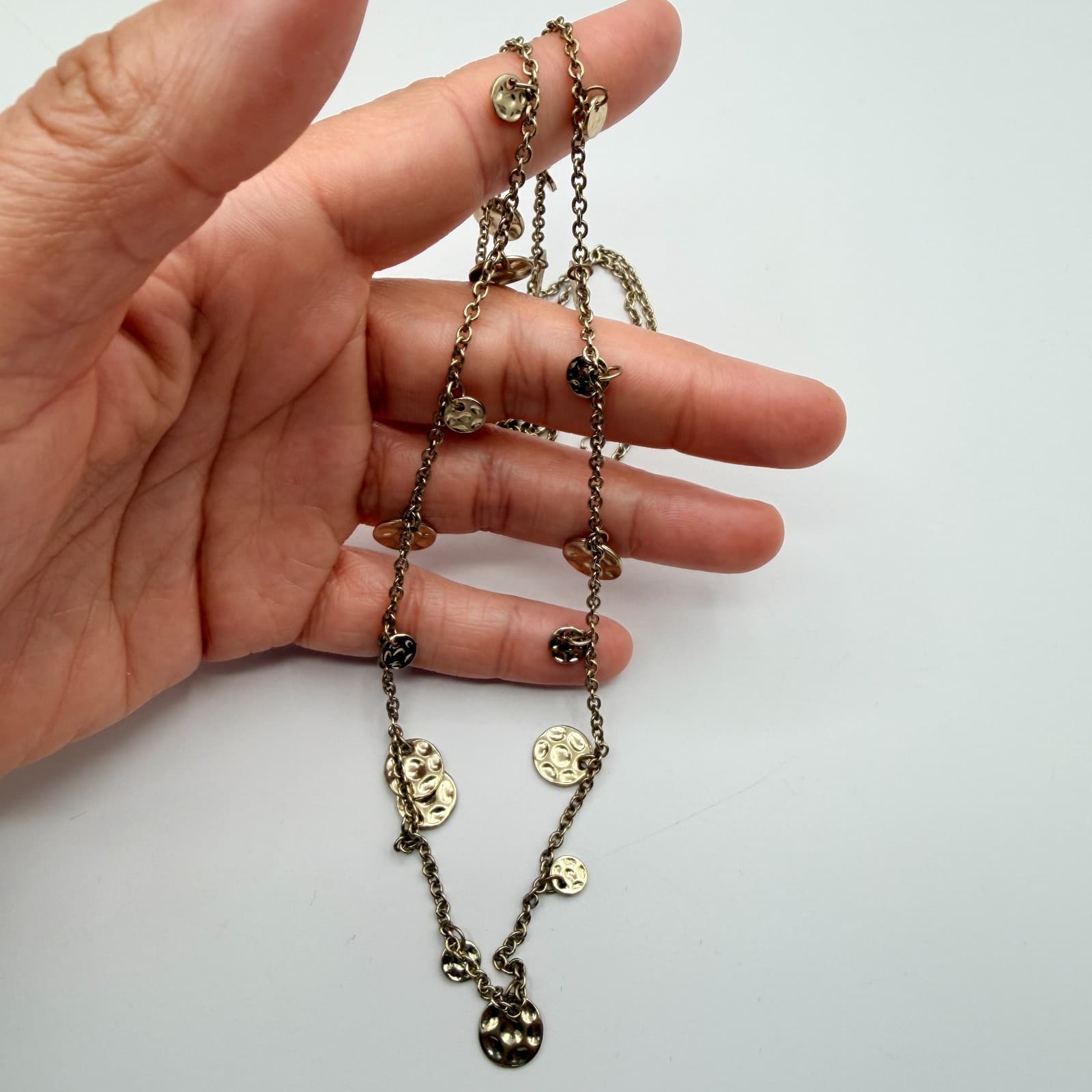 Vintage Gold Tone Long Chain Necklace Multi Textured Disc Stations Minimalist - Thumbnail 5