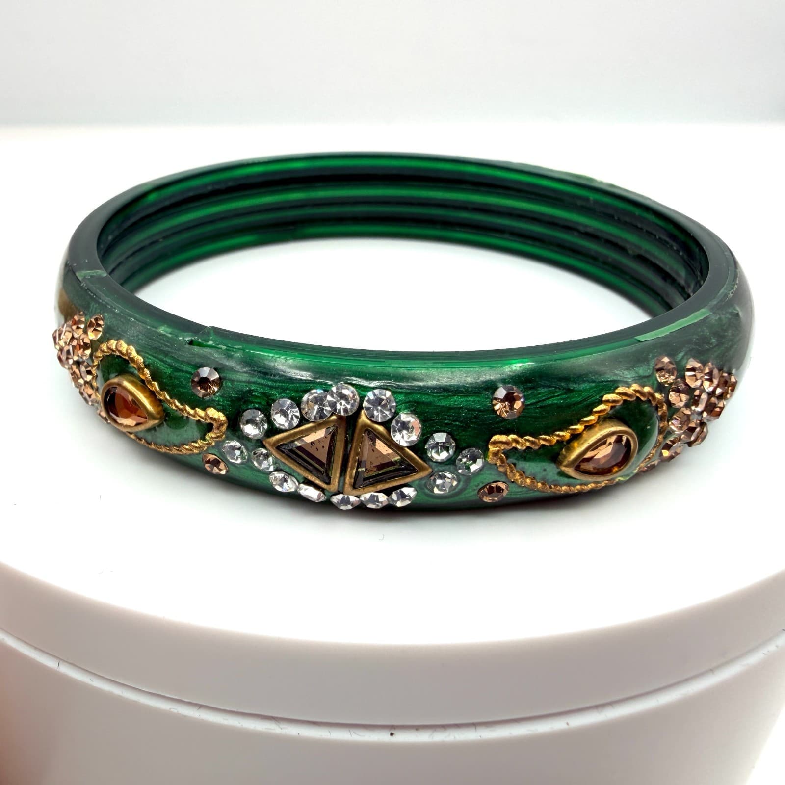 Vintage Green Bangle Bracelet Rhinestone Accents Chunky Statement Retro Boho 90s