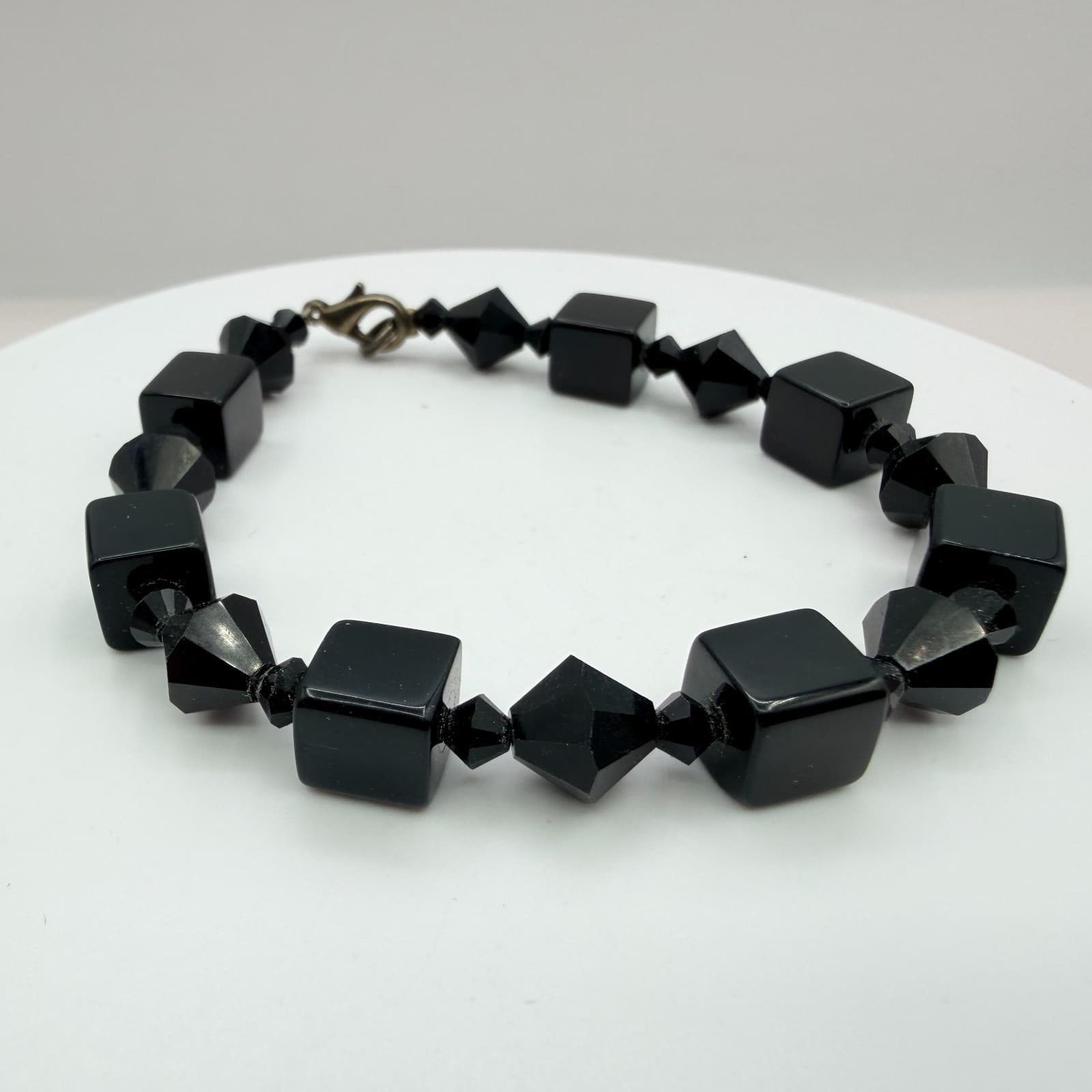 Vintage Black Beaded Bracelet Dangle Earrings Set Gunmetal Tone Geometric Goth - Thumbnail 2