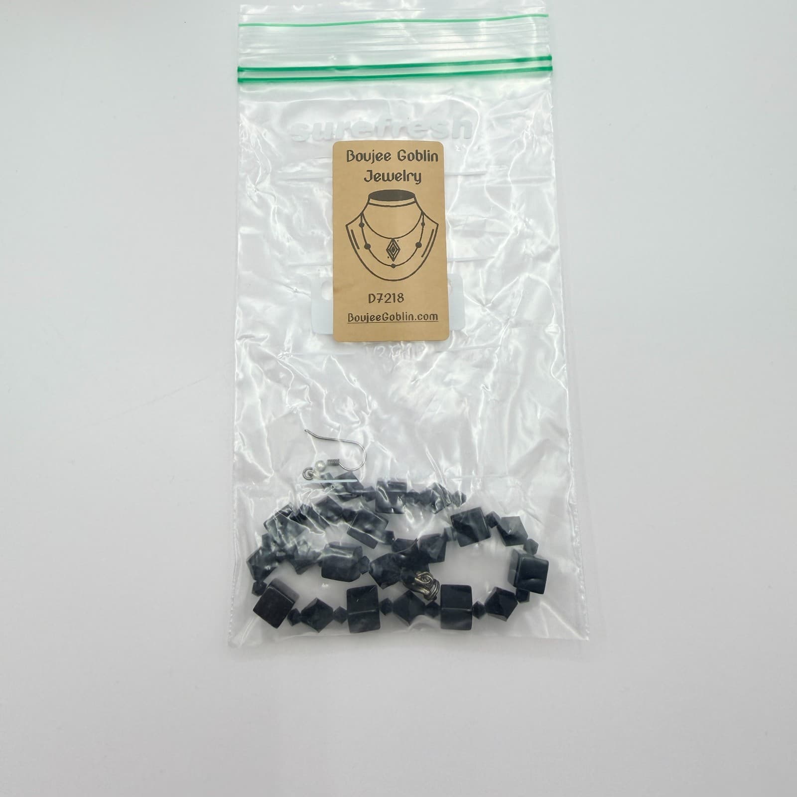 Vintage Black Beaded Bracelet Dangle Earrings Set Gunmetal Tone Geometric Goth - Thumbnail 12