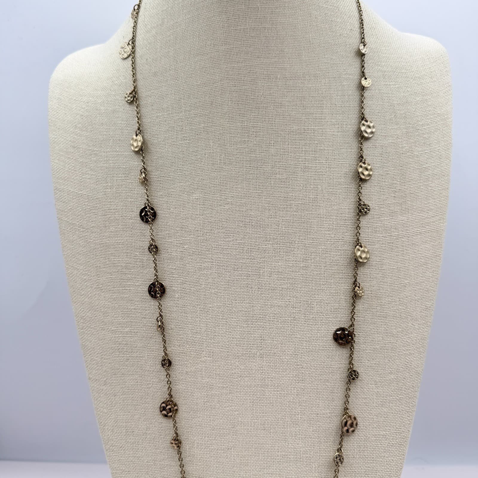 Vintage Gold Tone Long Chain Necklace Multi Textured Disc Stations Minimalist - Thumbnail 4