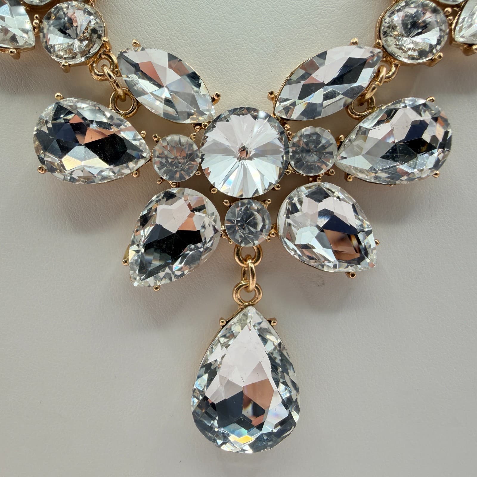 Vintage Gold Tone Rhinestone Statement Jewelry Set Necklace Drop Earrings Bridal - Thumbnail 6