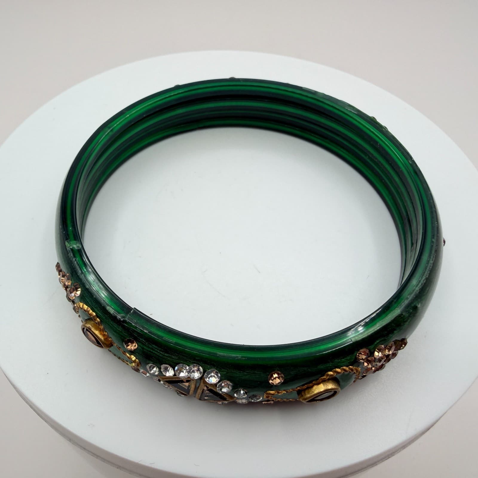 Vintage Green Bangle Bracelet Rhinestone Accents Chunky Statement Retro Boho 90s - Thumbnail 3