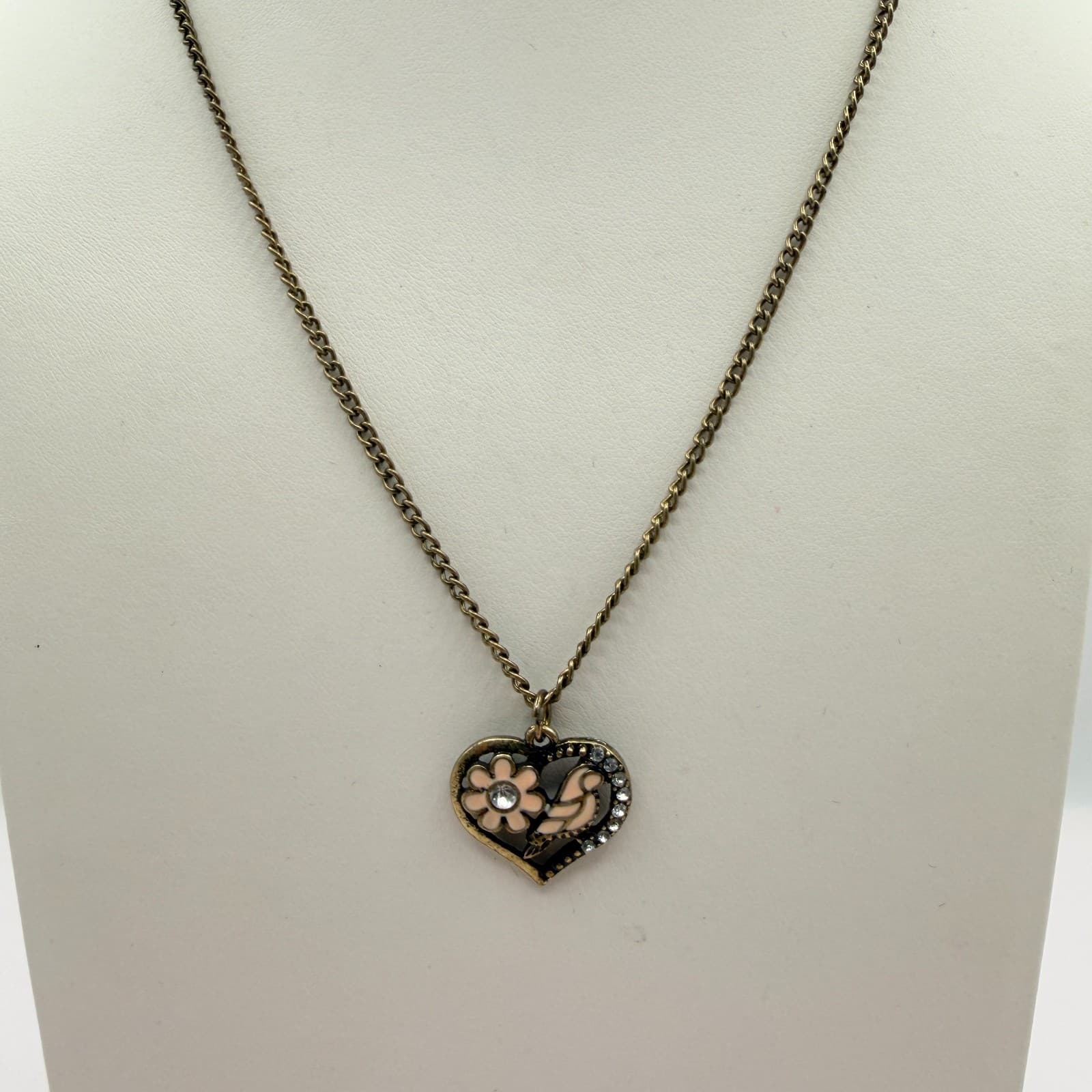 Vintage Bronze Tone Heart Pendant Necklace Pink Enamel Bird Flower Rhinestone - Thumbnail 3