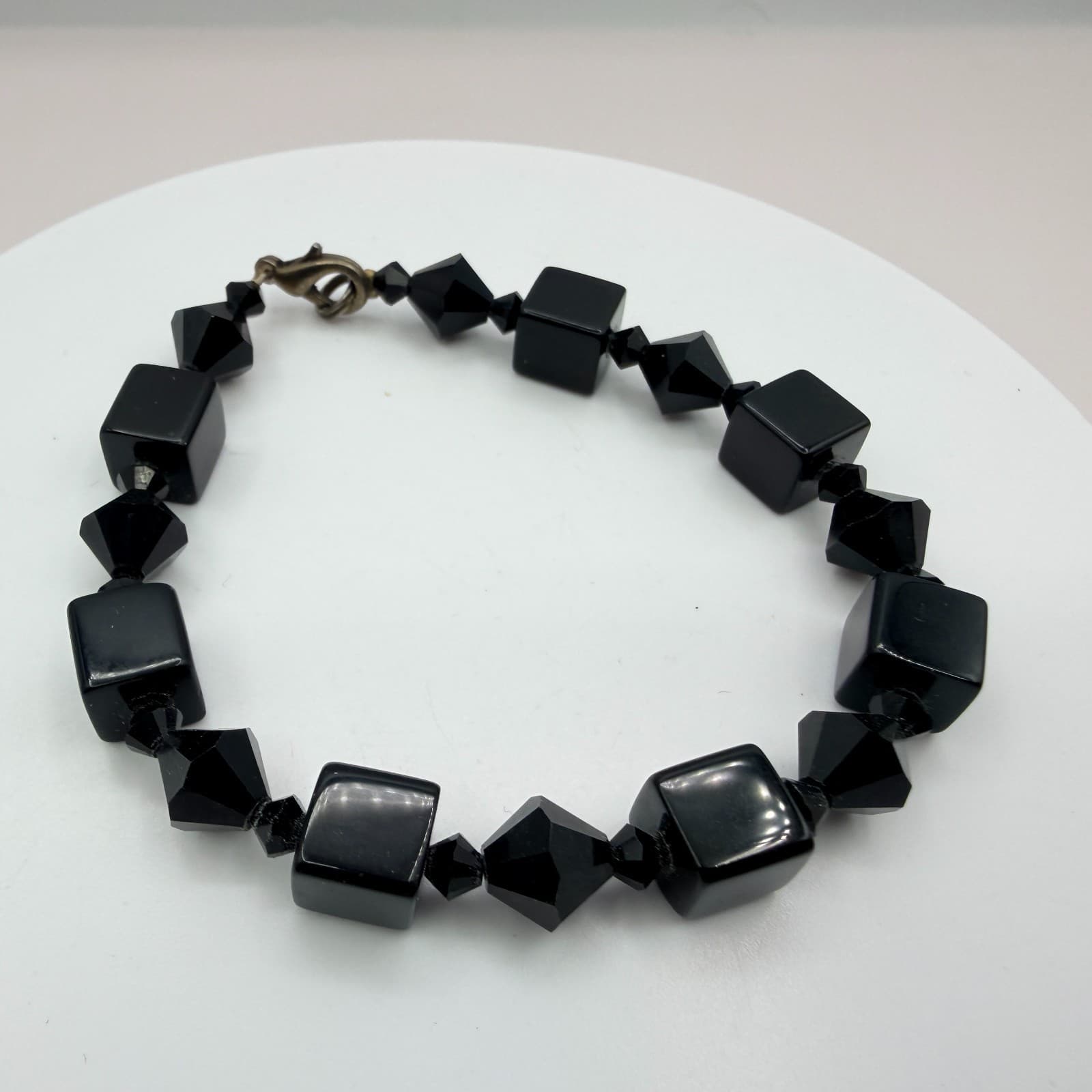 Vintage Black Beaded Bracelet Dangle Earrings Set Gunmetal Tone Geometric Goth - Thumbnail 3
