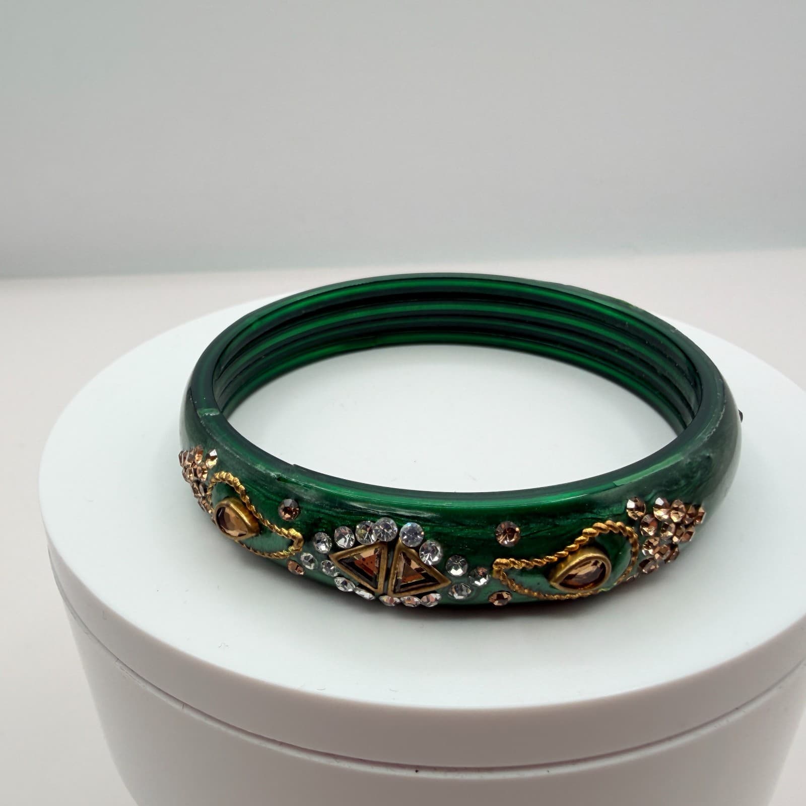 Vintage Green Bangle Bracelet Rhinestone Accents Chunky Statement Retro Boho 90s - Thumbnail 7