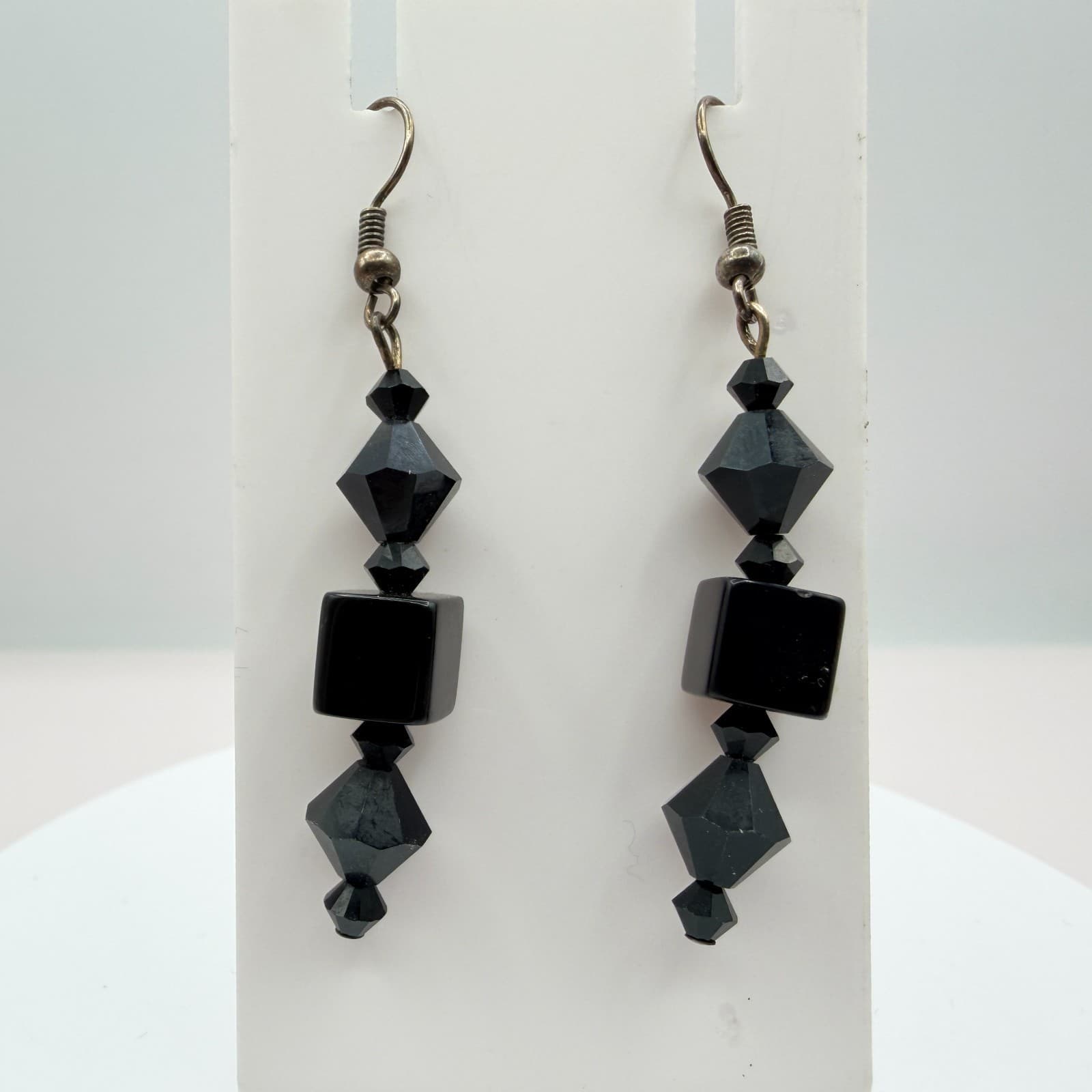 Vintage Black Beaded Bracelet Dangle Earrings Set Gunmetal Tone Geometric Goth - Thumbnail 7