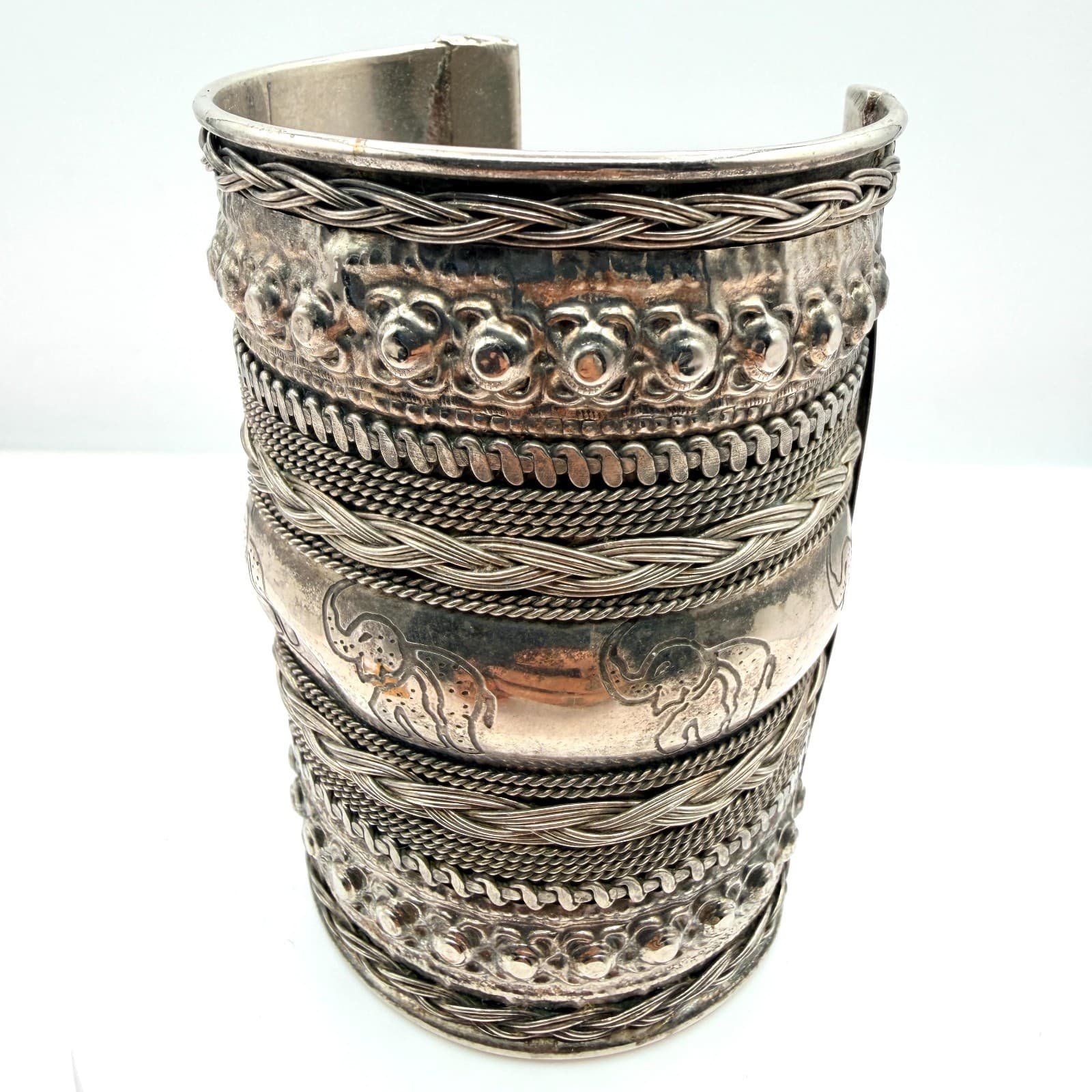 Vintage Silver Tone Wide Cuff Bracelet Elephant Stamped Braided Rope Layered 90s