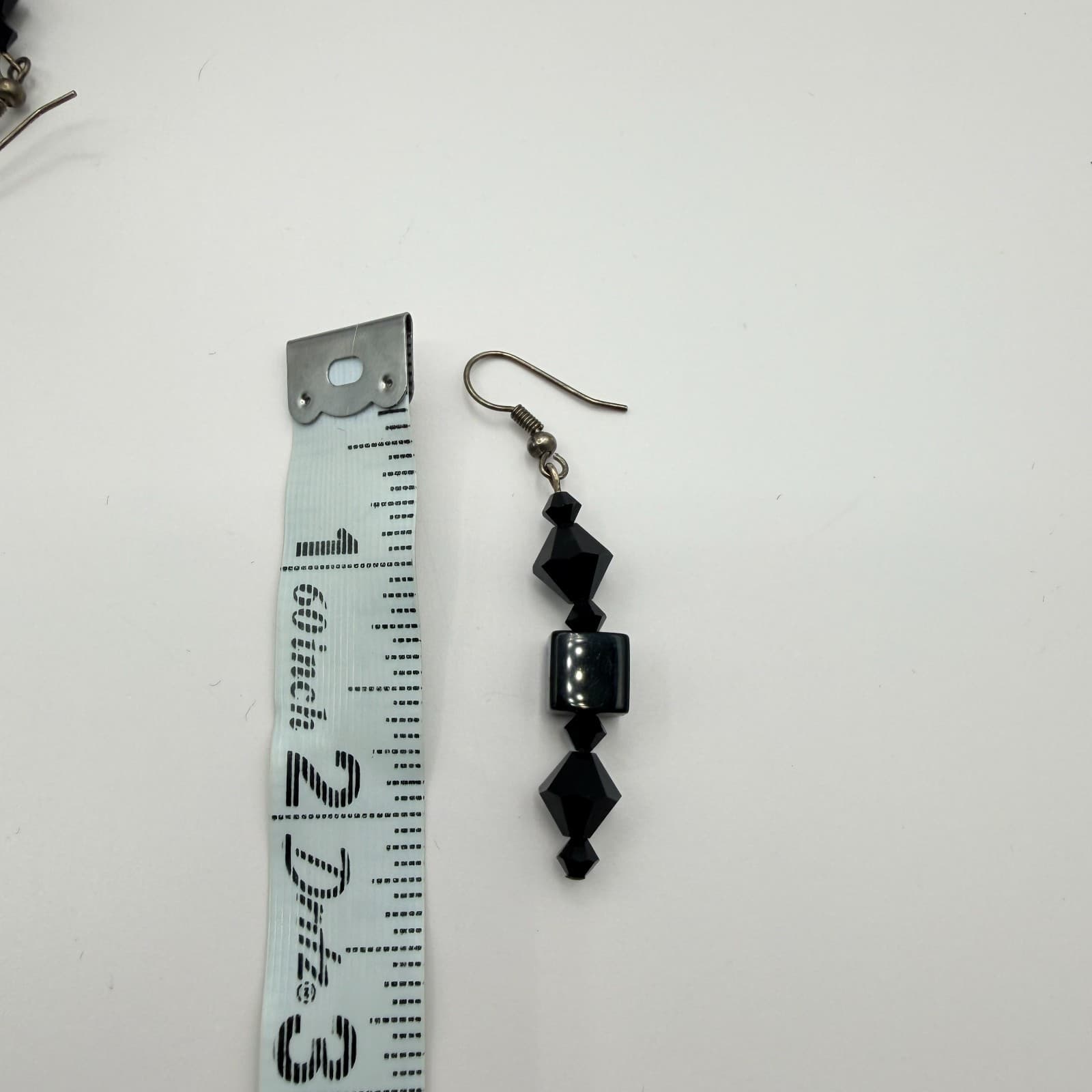Vintage Black Beaded Bracelet Dangle Earrings Set Gunmetal Tone Geometric Goth - Thumbnail 11