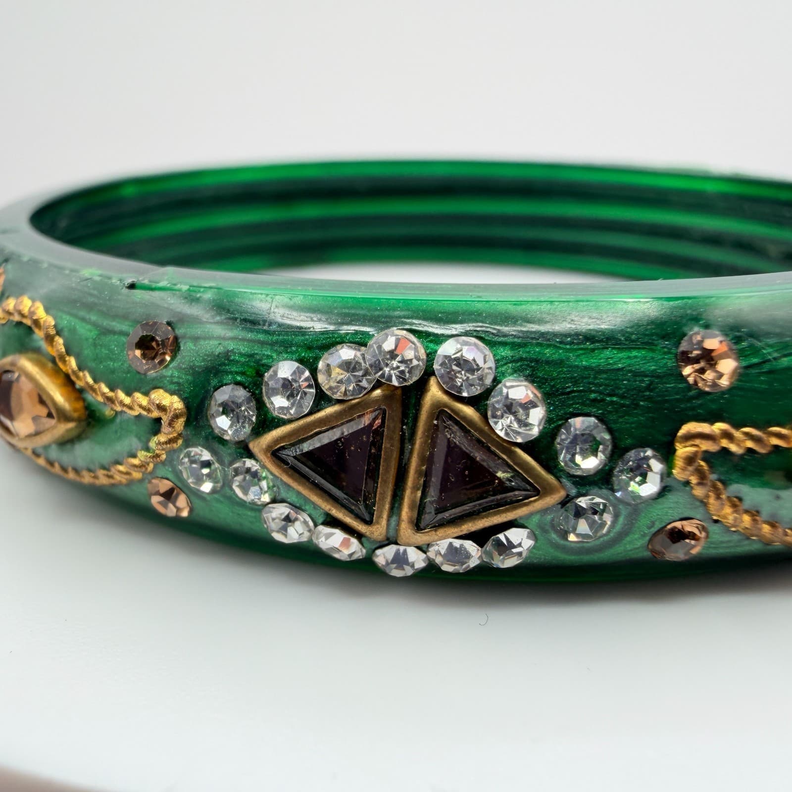 Vintage Green Bangle Bracelet Rhinestone Accents Chunky Statement Retro Boho 90s - Thumbnail 5