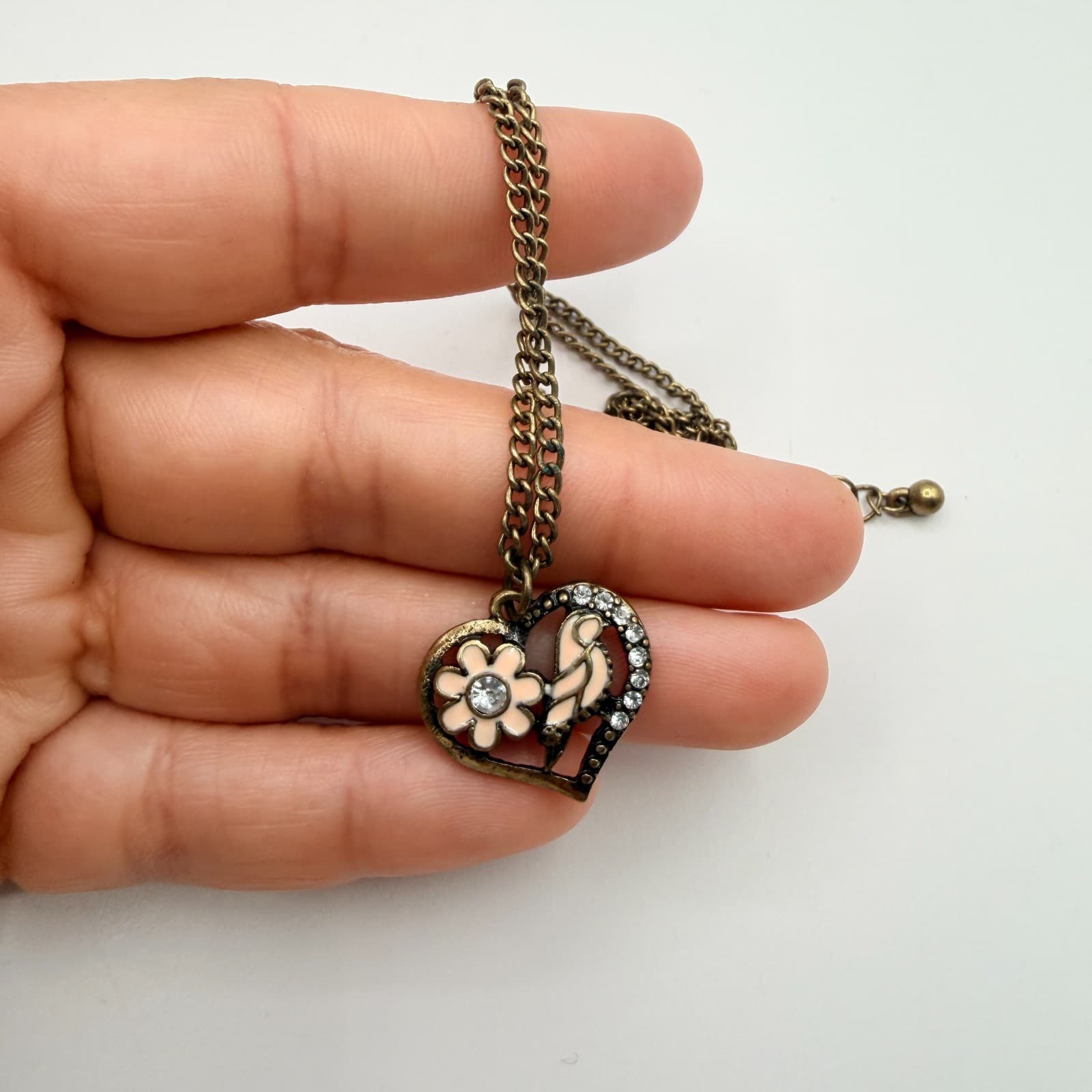 Vintage Bronze Tone Heart Pendant Necklace Pink Enamel Bird Flower Rhinestone - Thumbnail 6