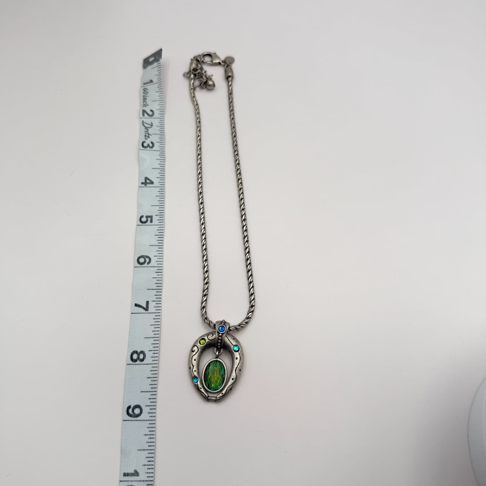 Vintage Silver Tone Horseshoe Pendant Necklace Blue Green Rhinestone Textured - Thumbnail 9
