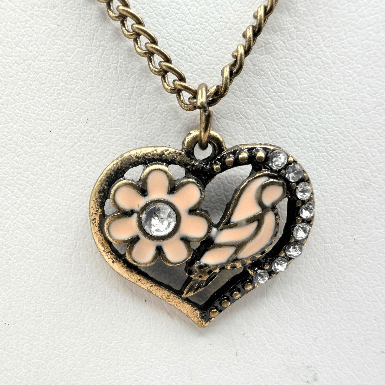 Vintage Bronze Tone Heart Pendant Necklace Pink Enamel Bird Flower Rhinestone