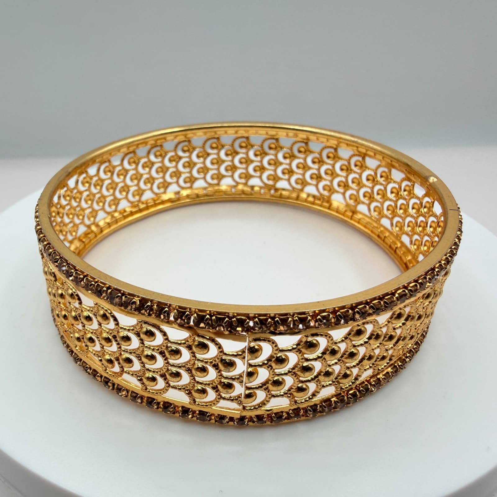 Vintage Gold Tone Clamper Bracelet Rhinestone Borders Openwork Filigree Hinged - Thumbnail 2