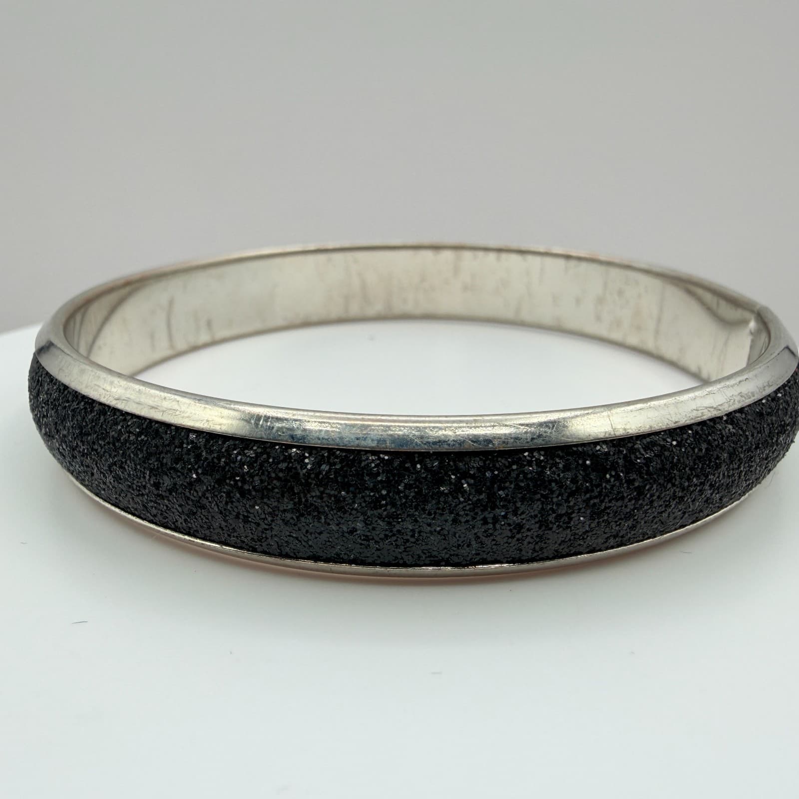Vintage Silver Tone Bangle Bracelet Black Glitter Texture Inlay Stackable Slim - Thumbnail 2