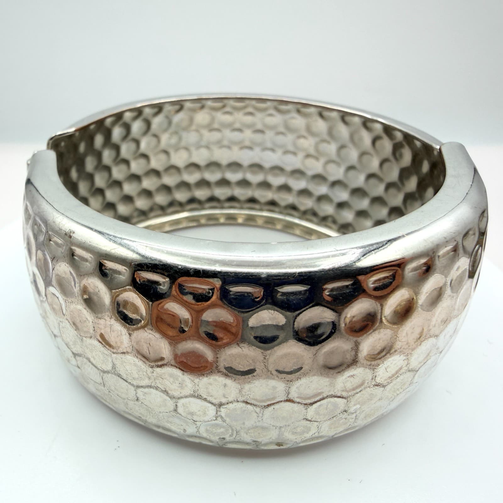 Vintage Silver Tone Clamper Bracelet Hammered Dimple Hinged Bangle Statement 90s