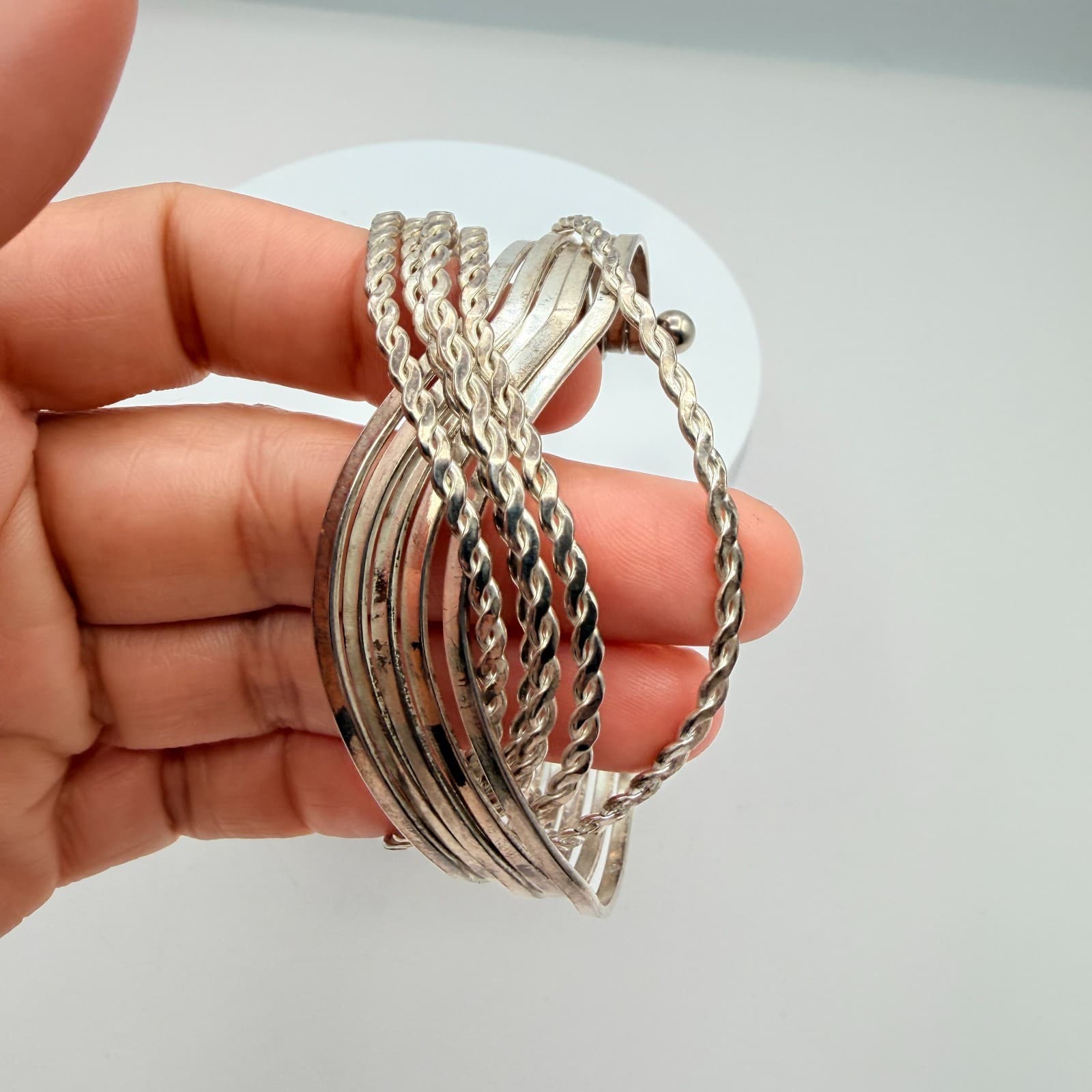Vintage Silver Tone Multi Strand Cuff Bracelet Twisted Wire Layered Statement - Thumbnail 8