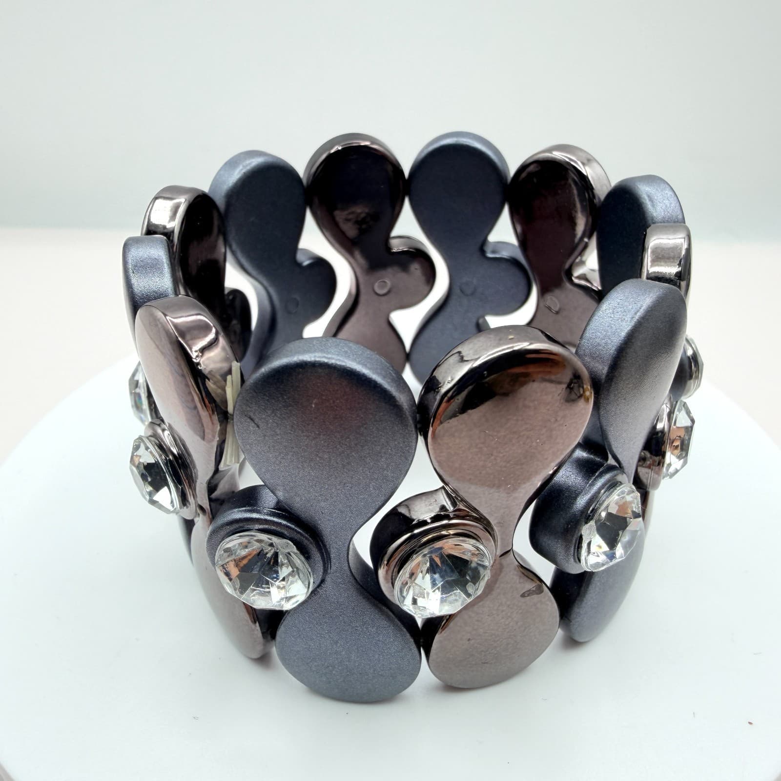 Vintage Gray Stretch Bracelet Rhinestone Accents Geometric Chunky Panel Wide 90s