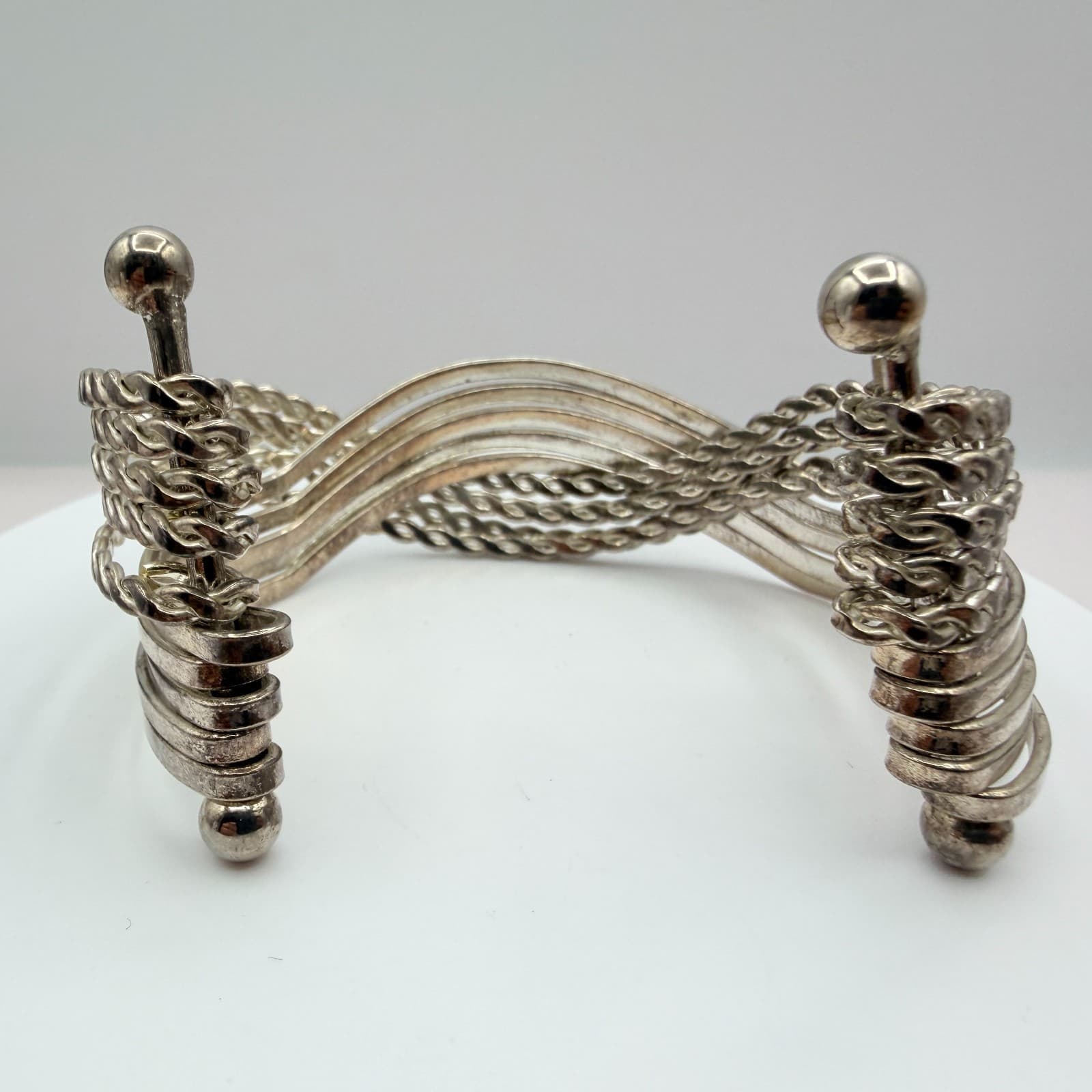 Vintage Silver Tone Multi Strand Cuff Bracelet Twisted Wire Layered Statement - Thumbnail 5