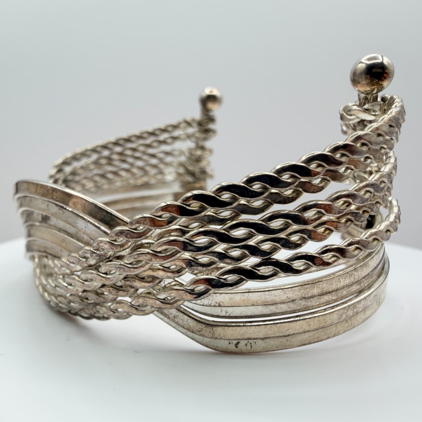 Vintage Silver Tone Multi Strand Cuff Bracelet Twisted Wire Layered Statement - Thumbnail 7