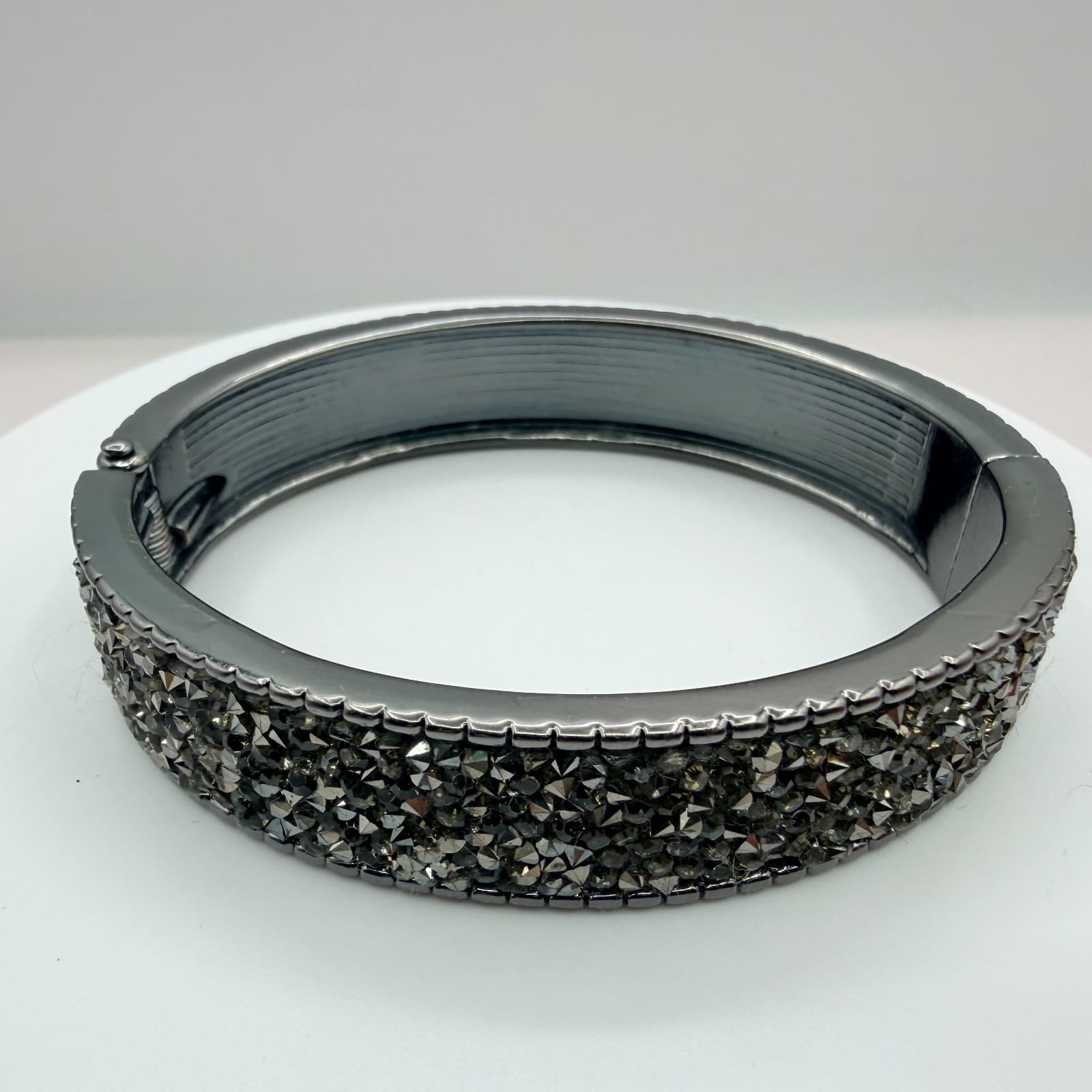 Vintage Gunmetal Tone Clamper Bracelet Gray Rhinestone Hinged Statement Y2K 90s - Thumbnail 3