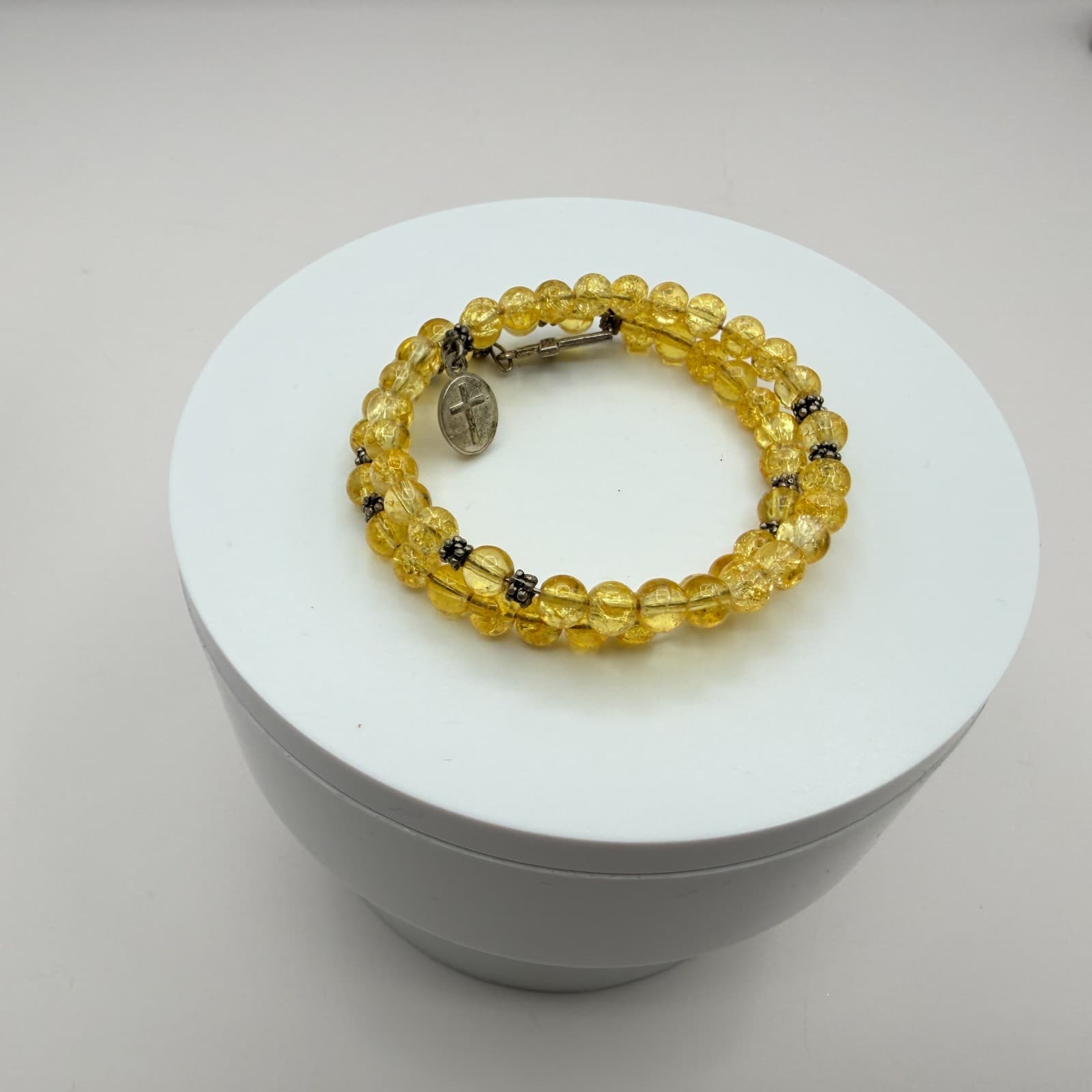 Vintage Yellow Beaded Wrap Bracelet Crackle Glass Citrine Color Cross Charm Boho - Thumbnail 7