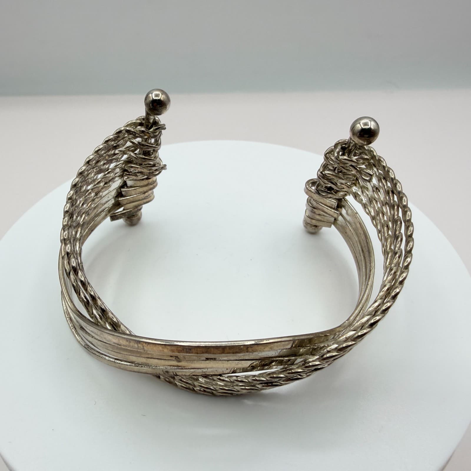 Vintage Silver Tone Multi Strand Cuff Bracelet Twisted Wire Layered Statement - Thumbnail 3