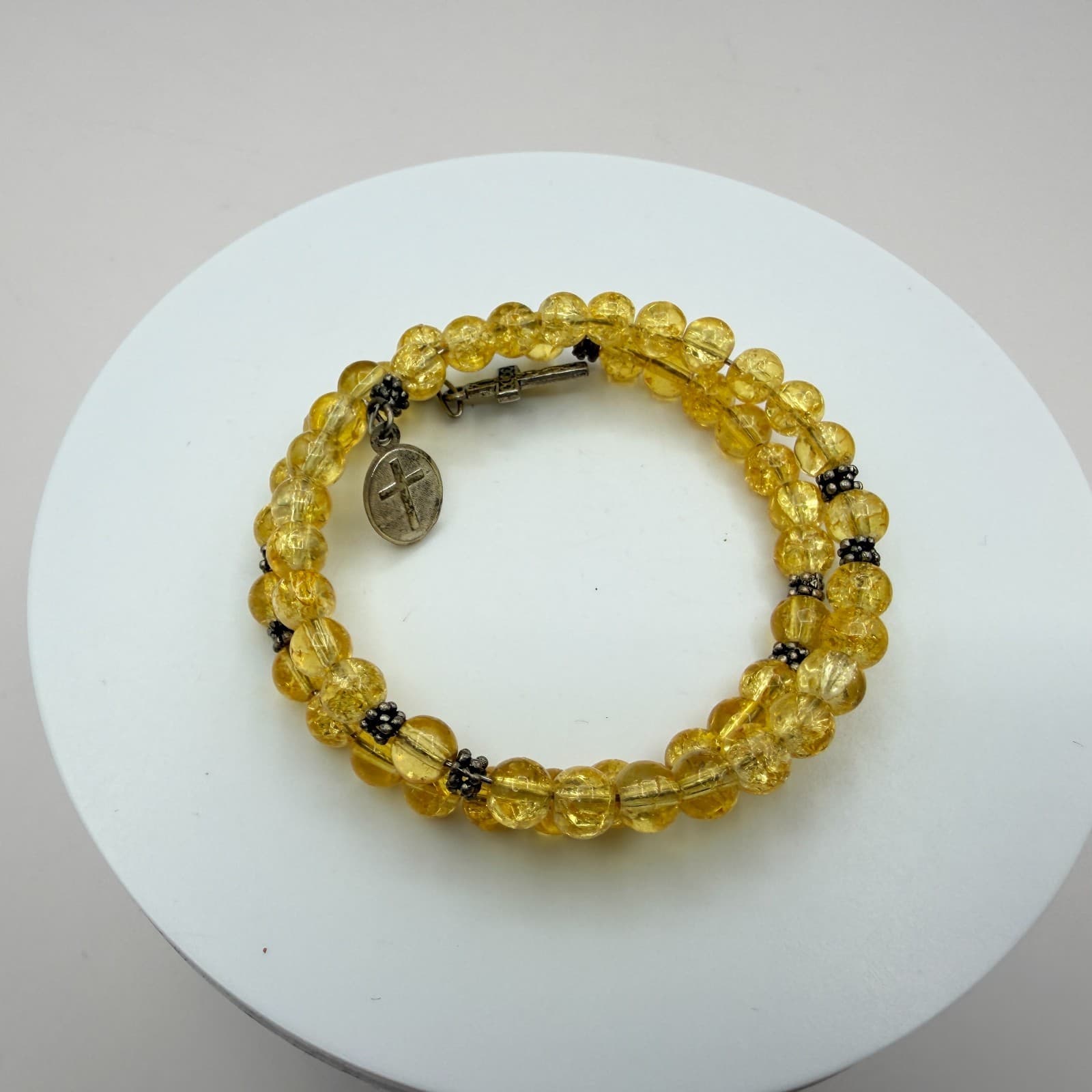 Vintage Yellow Beaded Wrap Bracelet Crackle Glass Citrine Color Cross Charm Boho - Thumbnail 2