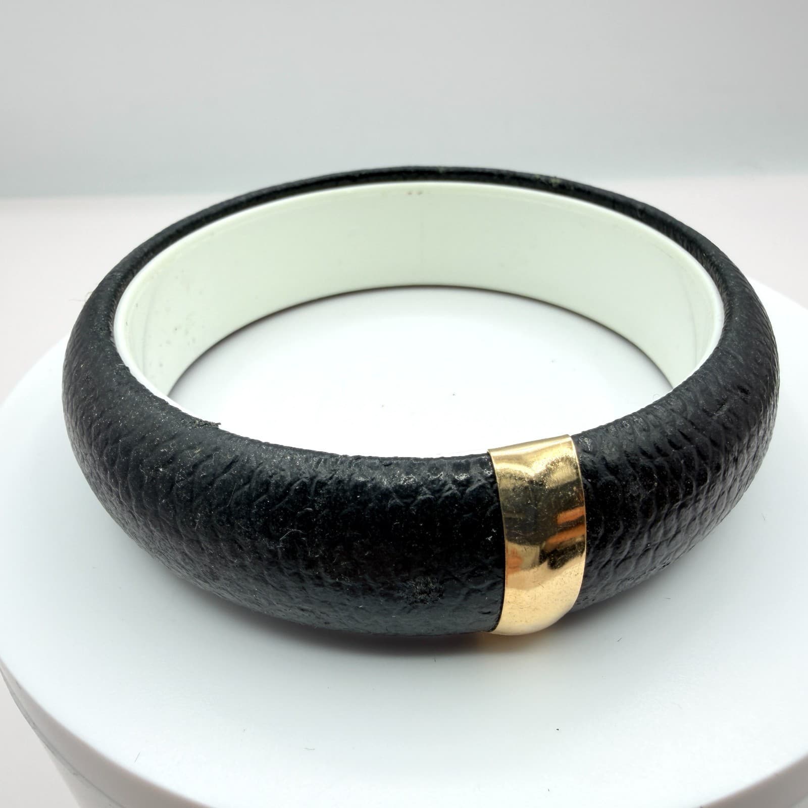 Vintage Black Faux Leather Bangle Bracelet Gold Tone Accent Chunky Statement 90s