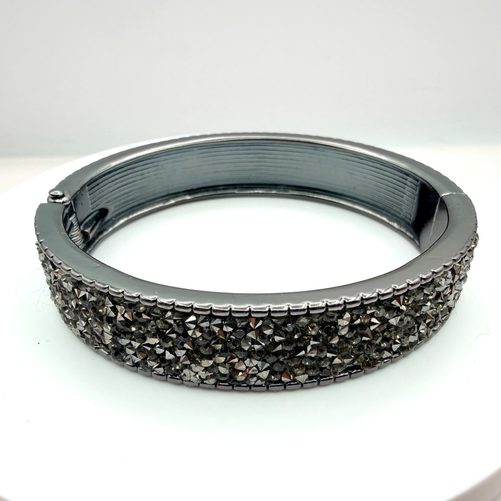 Vintage Gunmetal Tone Clamper Bracelet Gray Rhinestone Hinged Statement Y2K 90s
