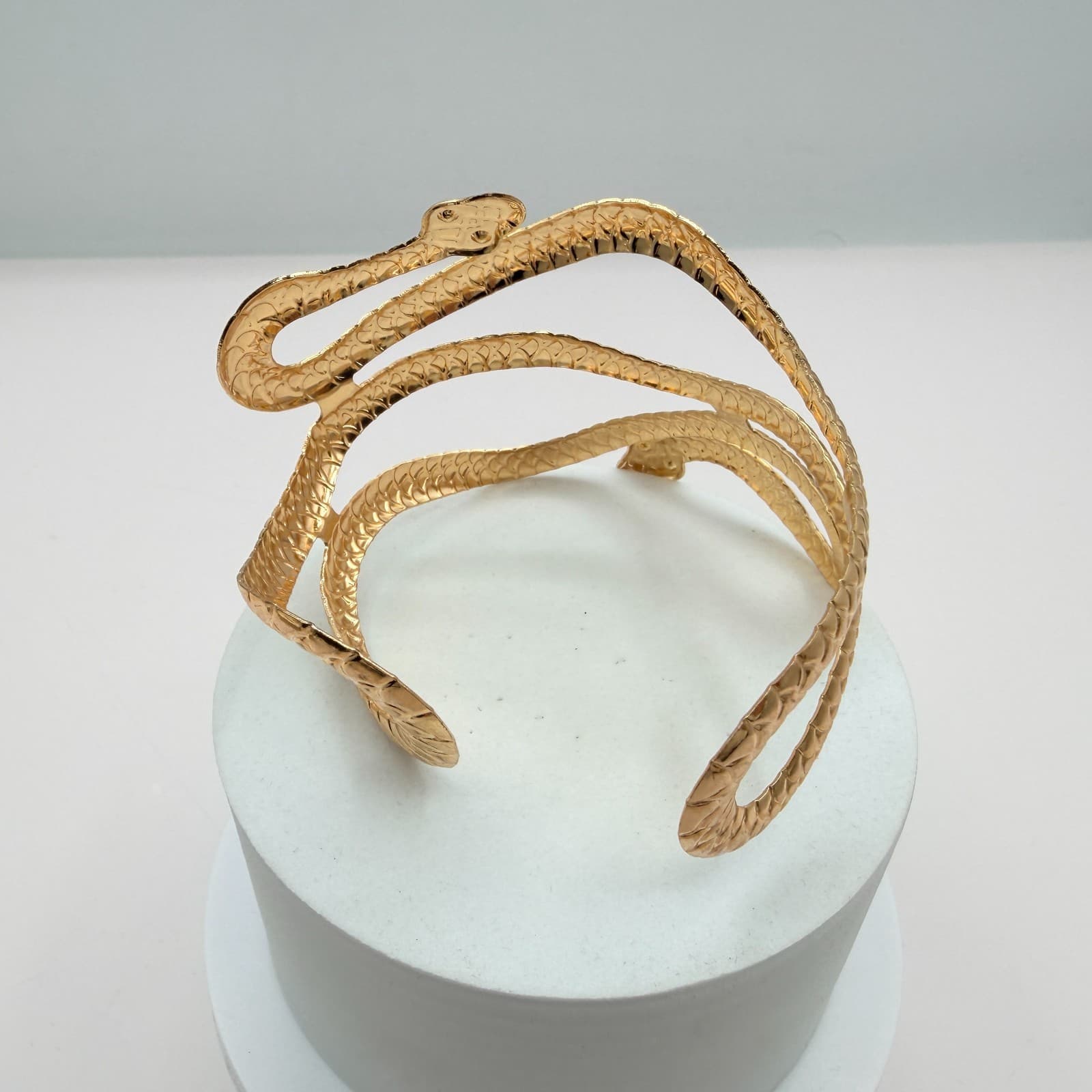 Vintage Gold Tone Snake Coil Cuff Bracelet Chunky Serpent Statement Bold Retro - Thumbnail 2