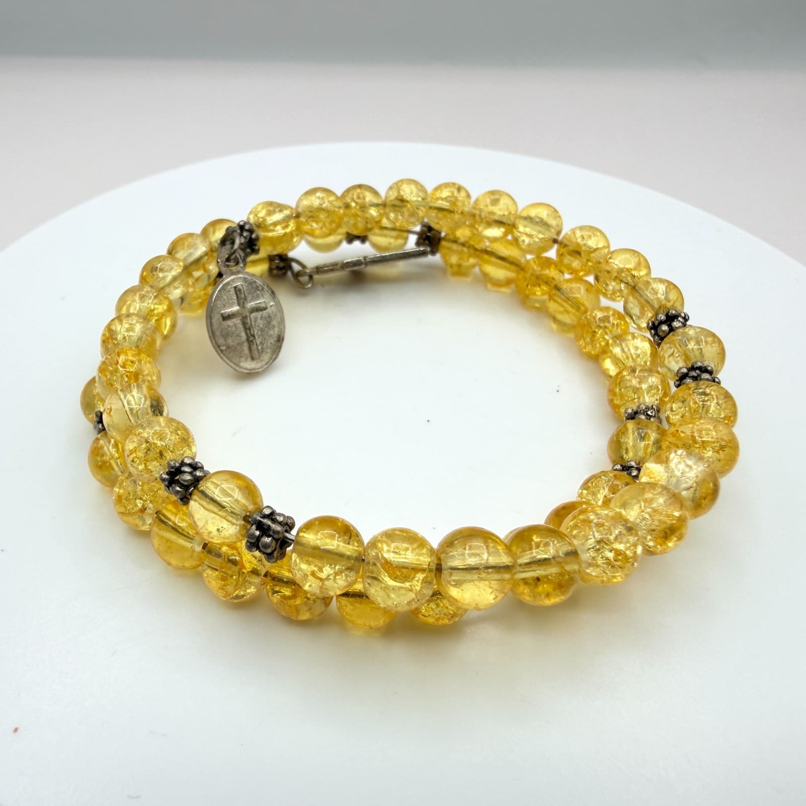 Vintage Yellow Beaded Wrap Bracelet Crackle Glass Citrine Color Cross Charm Boho