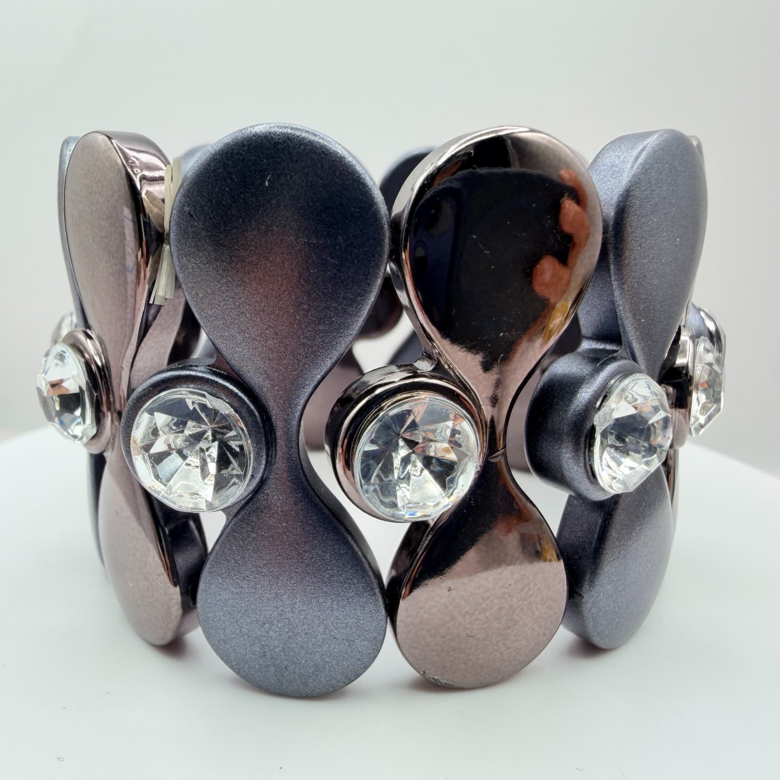 Vintage Gray Stretch Bracelet Rhinestone Accents Geometric Chunky Panel Wide 90s - Thumbnail 6