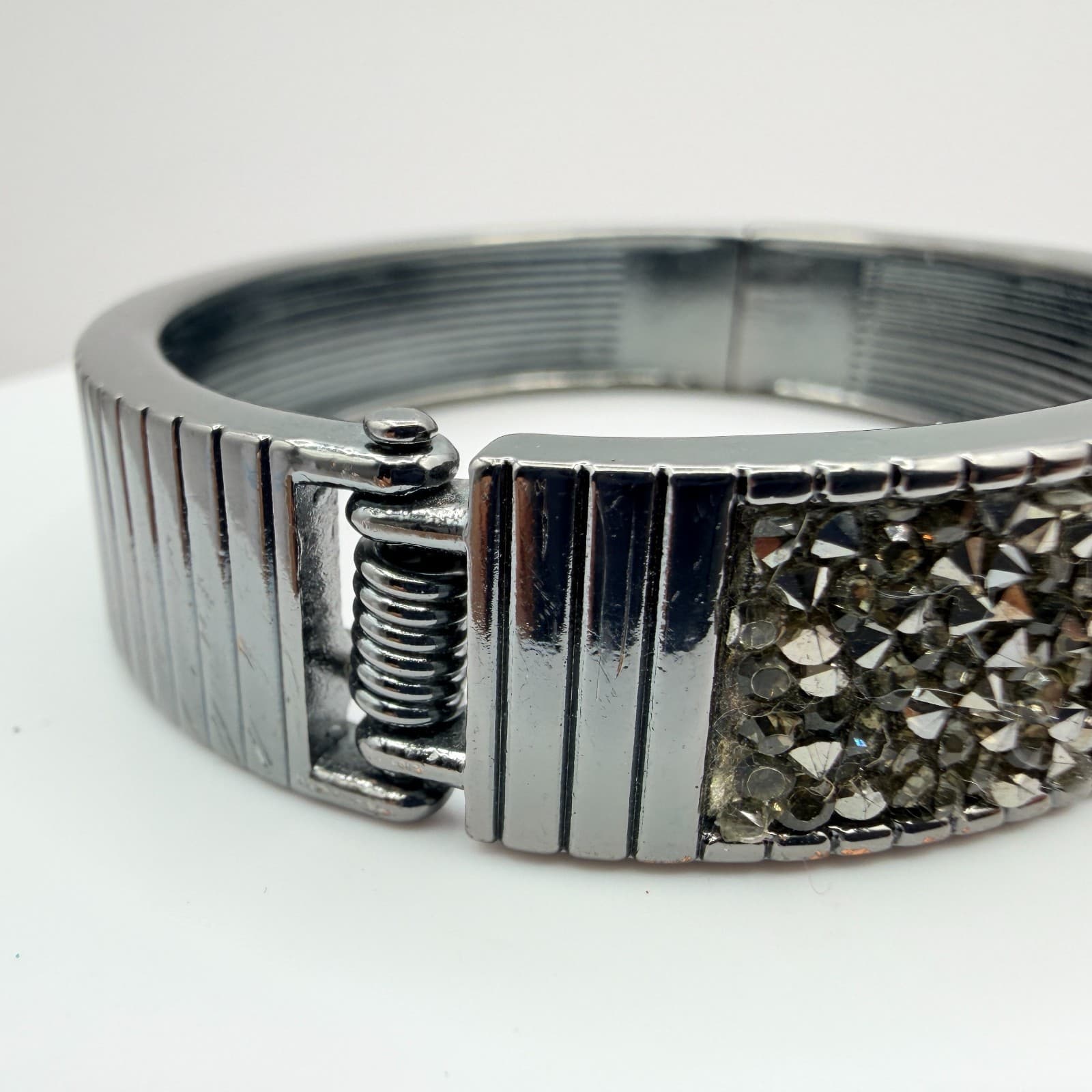 Vintage Gunmetal Tone Clamper Bracelet Gray Rhinestone Hinged Statement Y2K 90s - Thumbnail 5