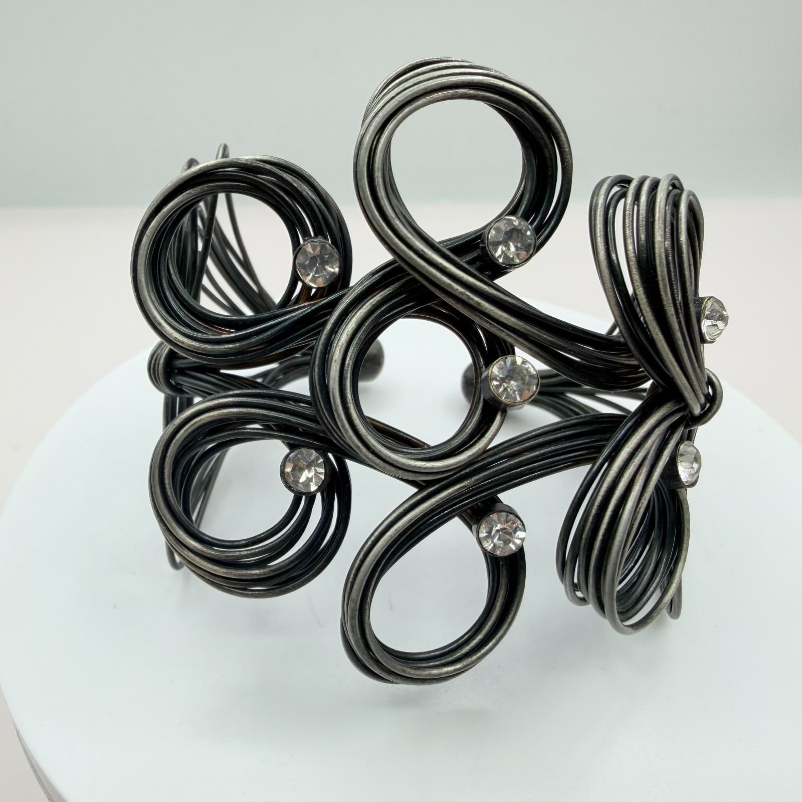 Vintage Gunmetal Tone Cuff Bracelet Wire Wrapped Loops Rhinestone Statement Boho - Thumbnail 6