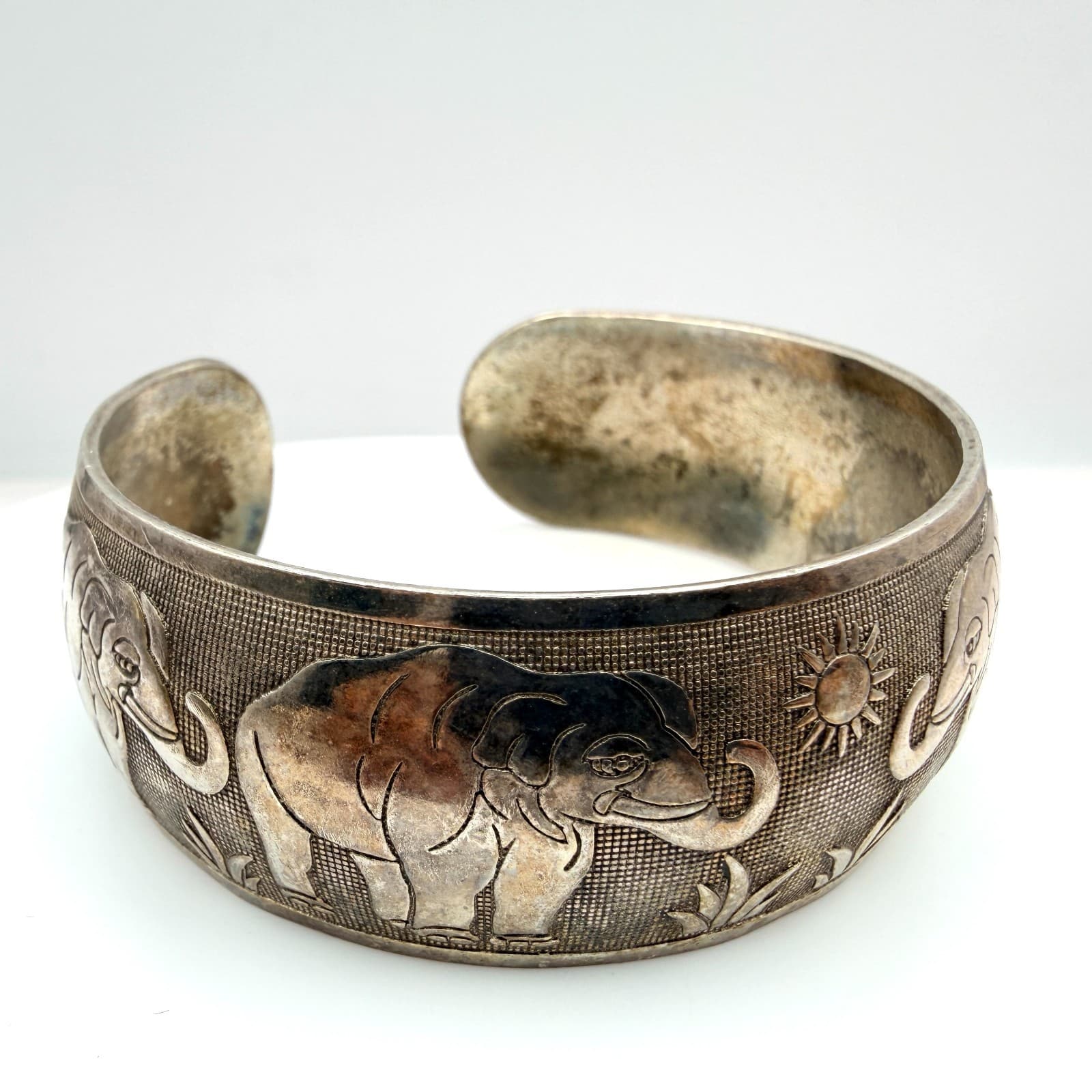 Vintage Silver Tone Elephant Cuff Bracelet Embossed Sun Motif Wide Bangle Ethnic