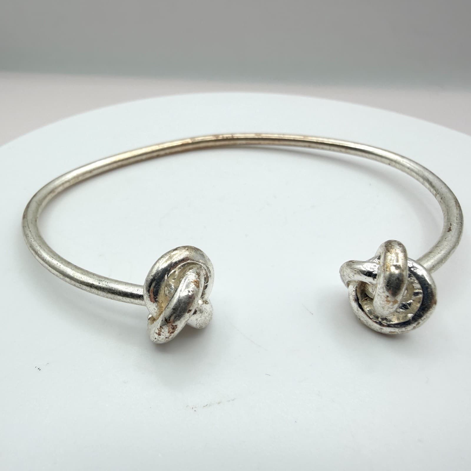Vintage Silver Tone Cuff Bracelet Double Love Knot Open Bypass Torque Minimalist