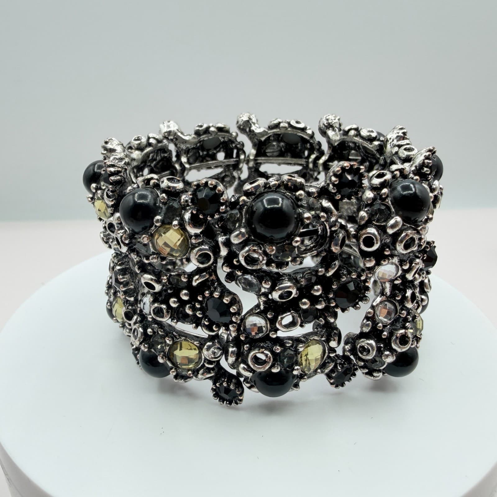Vintage Silver Tone Stretch Cuff Bracelet Black Rhinestone Chunky Wide Statement - Thumbnail 4