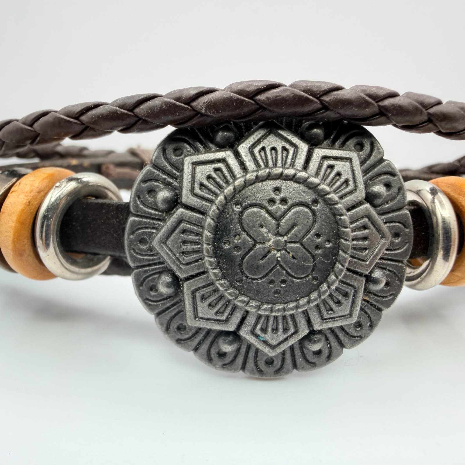 Vintage Multi Strand Leather Bracelet Wood Beads Metal Medallion Cuff Tribal 90s - Thumbnail 5