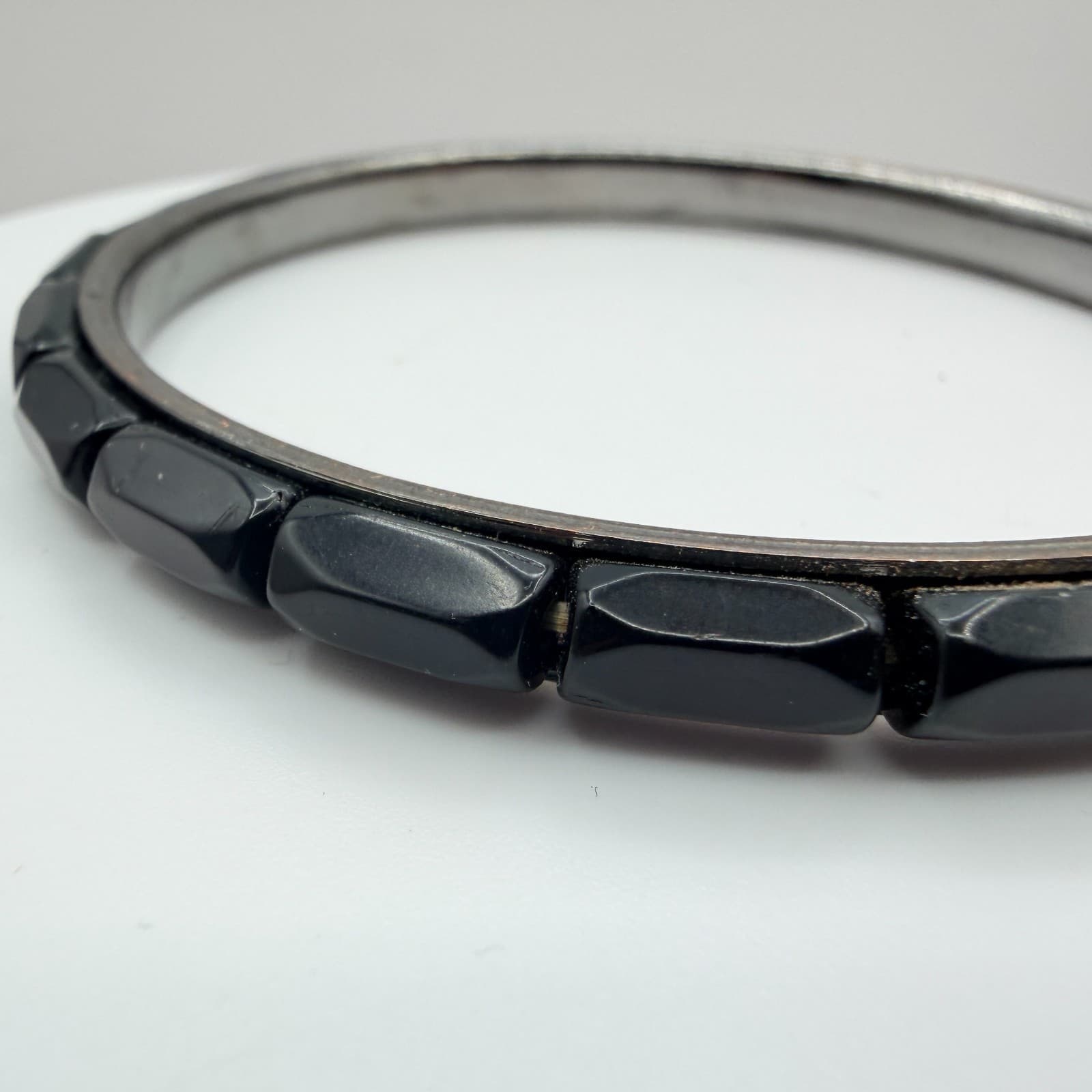 Vintage Silver Tone Bangle Bracelet Black Stone Style Accents Stackable Slim 90s - Thumbnail 3