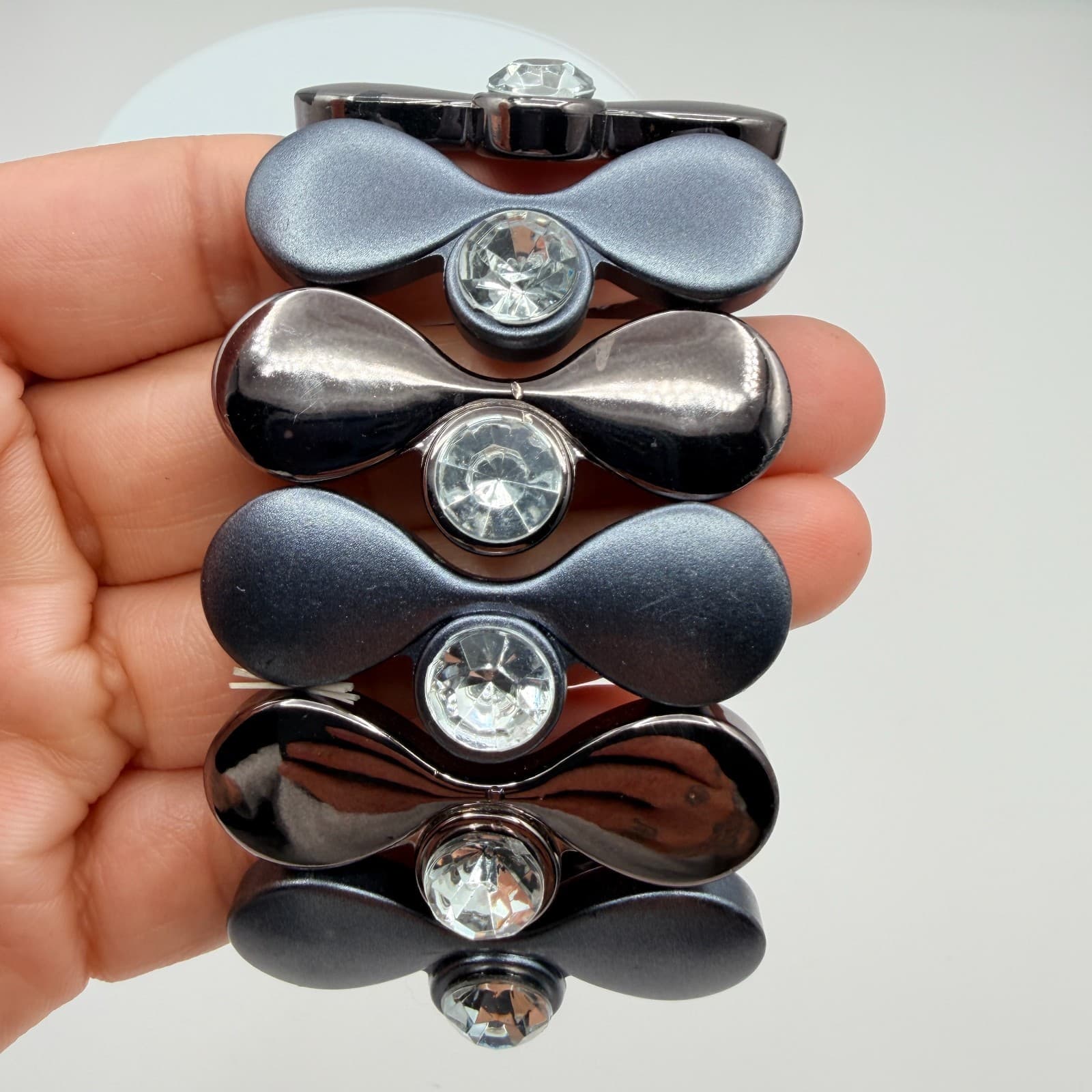 Vintage Gray Stretch Bracelet Rhinestone Accents Geometric Chunky Panel Wide 90s - Thumbnail 8