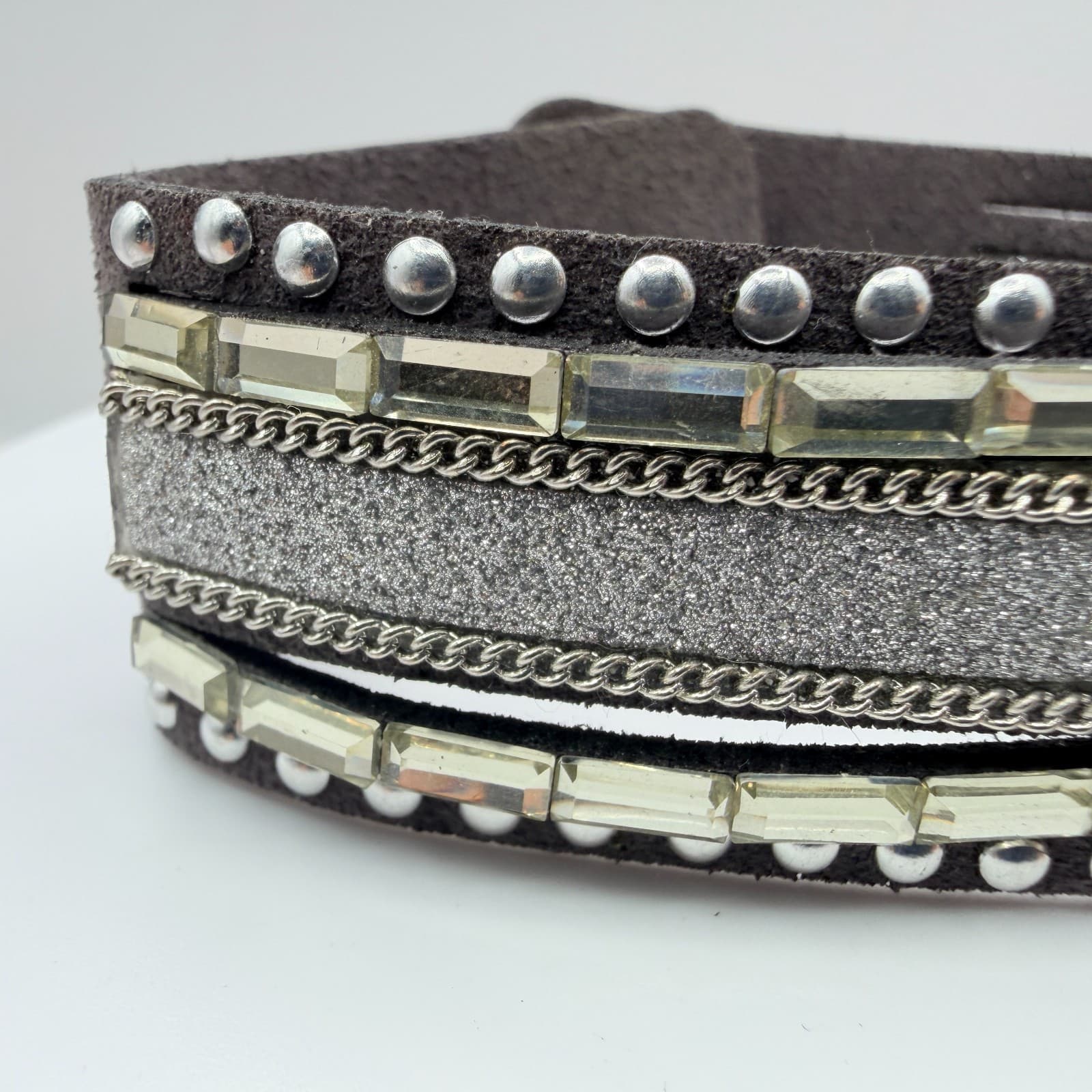 Vintage Gray Faux Suede Cuff Bracelet Chunky Layered Rhinestone Chain Studded - Thumbnail 4